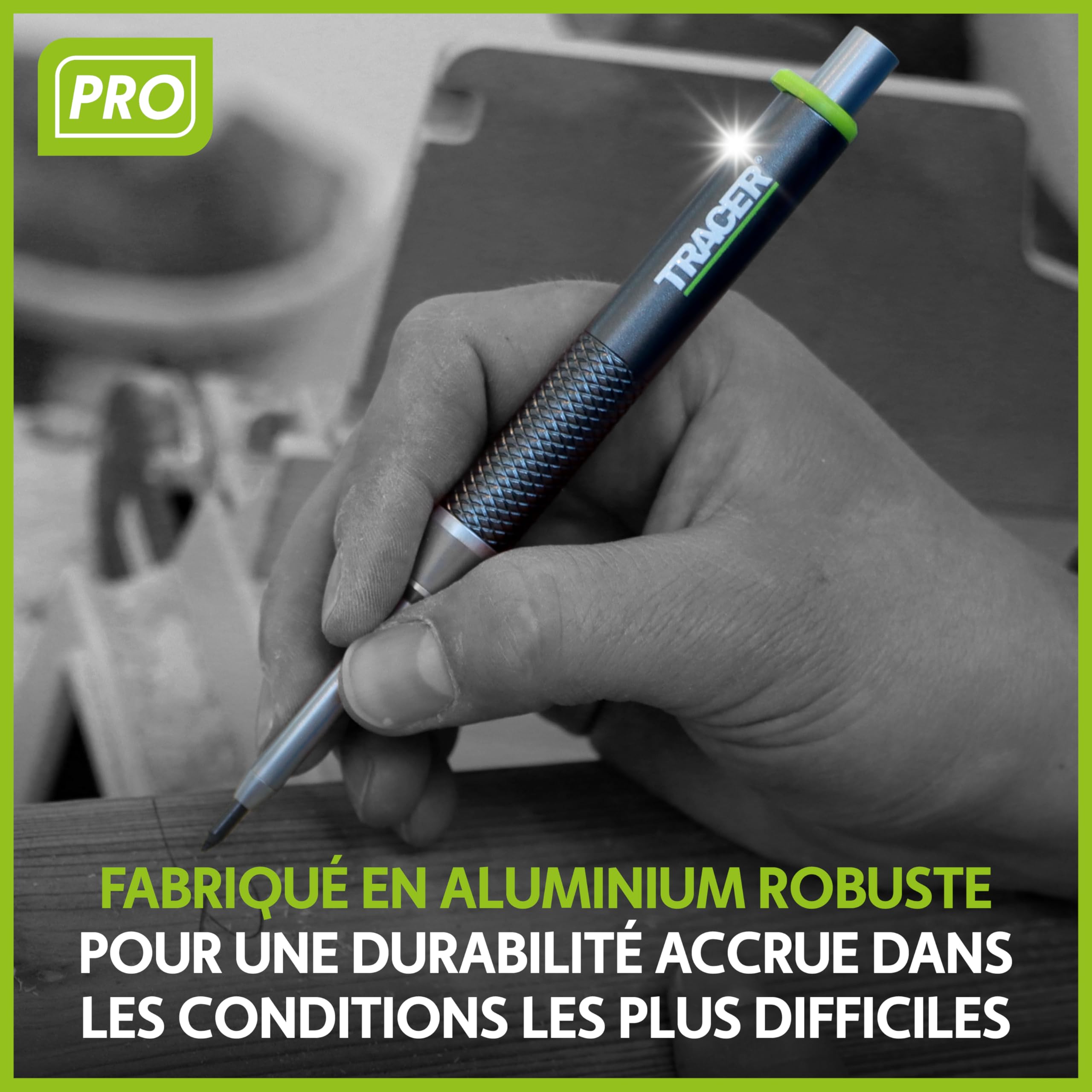 Tracer Pro Series Crayon de construction à trous profonds en aluminium avec 6 paquets de mines de rechange et étuis de chantier
