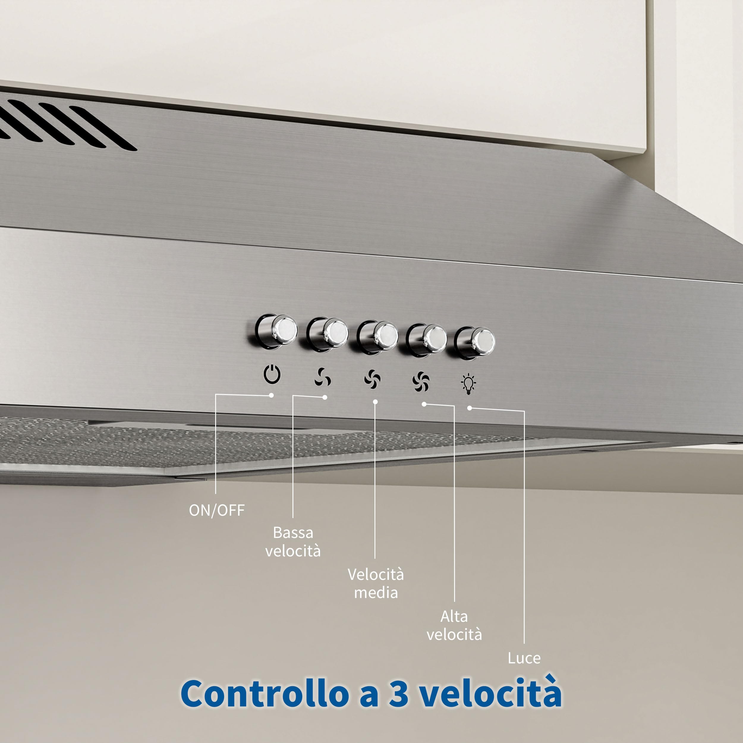 FIREGAS A+, cappa aspirante, 60 cm, ricircolo e scarico, 3 livelli di potenza, filtro al carbone incluso, silenzioso e a risparmio energetico, illuminazione a LED, acciaio inox
