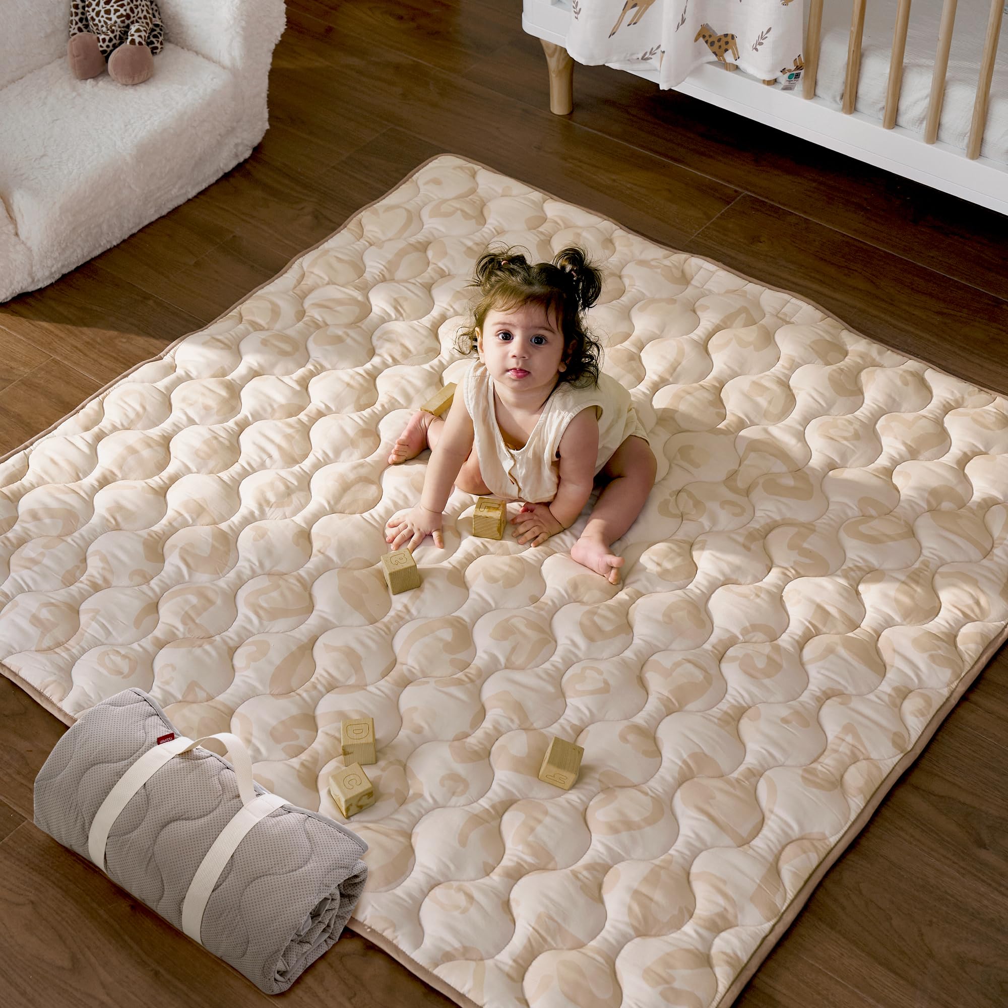 Photo 1 of Momcozy Baby Play Mat for Floor, 50x50 Thickened Playpen Mat, Playmate for Baby Tummy Time, Waterproof & Non-Slip, Foldable Outdoor Mat with Carrying Handle, Leopard
