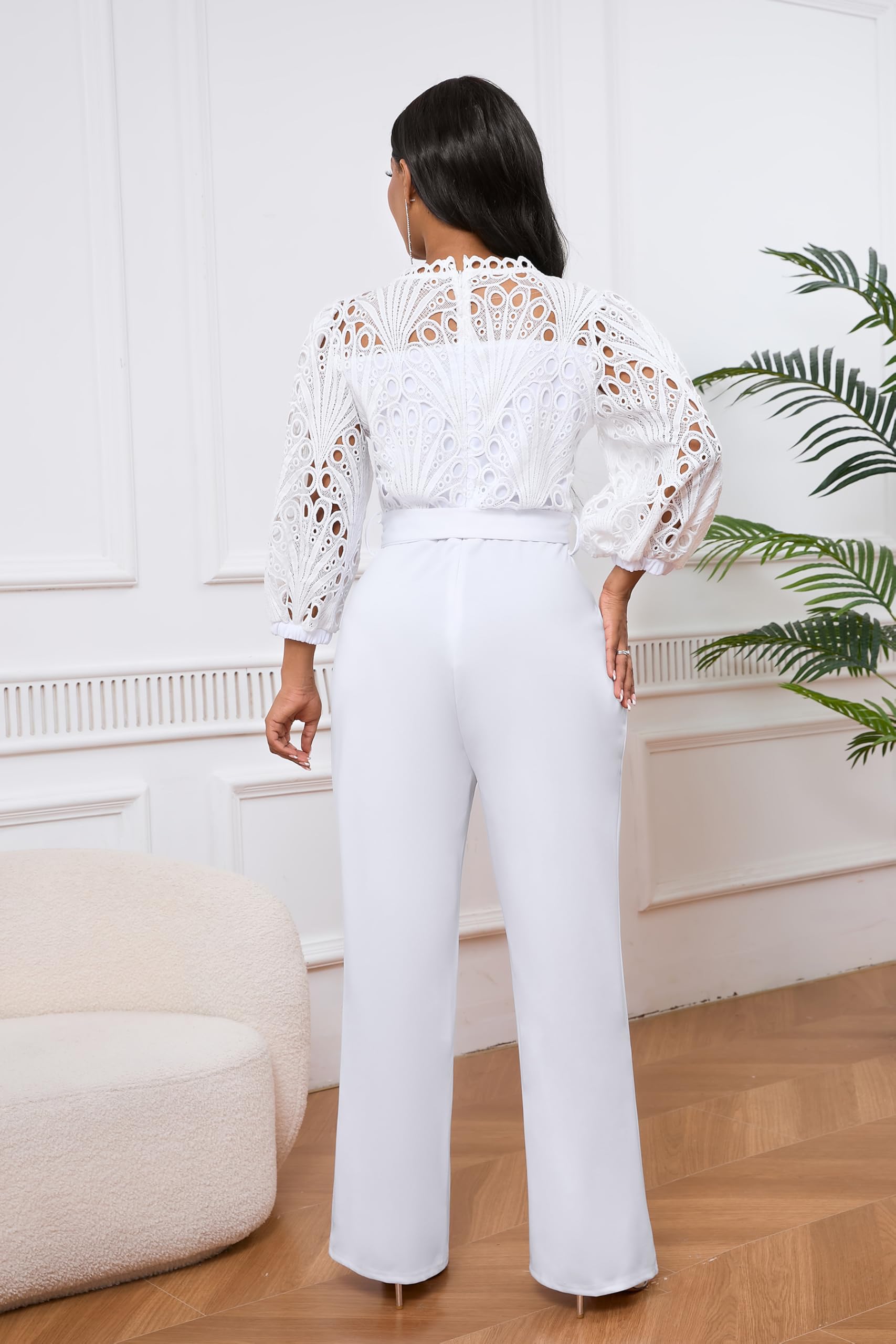 Combinaison à manches bouffantes en dentelle pour femme - Manches mi-mollet - Manches courtes - Barboteuse de soirée creuse avec poches