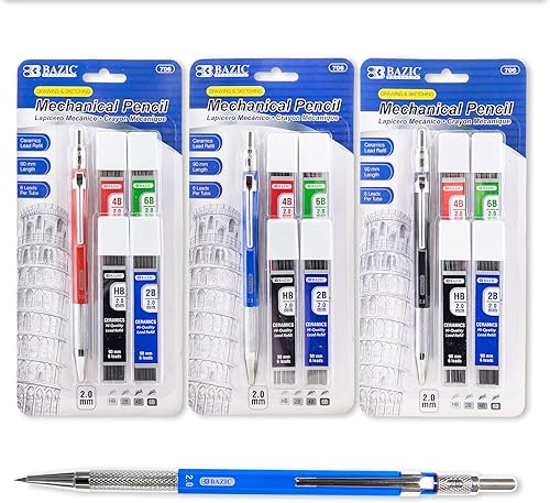 BAZIC - Lápiz de plomo mecánico de 0.098 pulgadas con 4 repuestos de plomo de cerámica, mina HB 2B 4B 6B, para dibujo de arte, dibujo, sombreado, 3