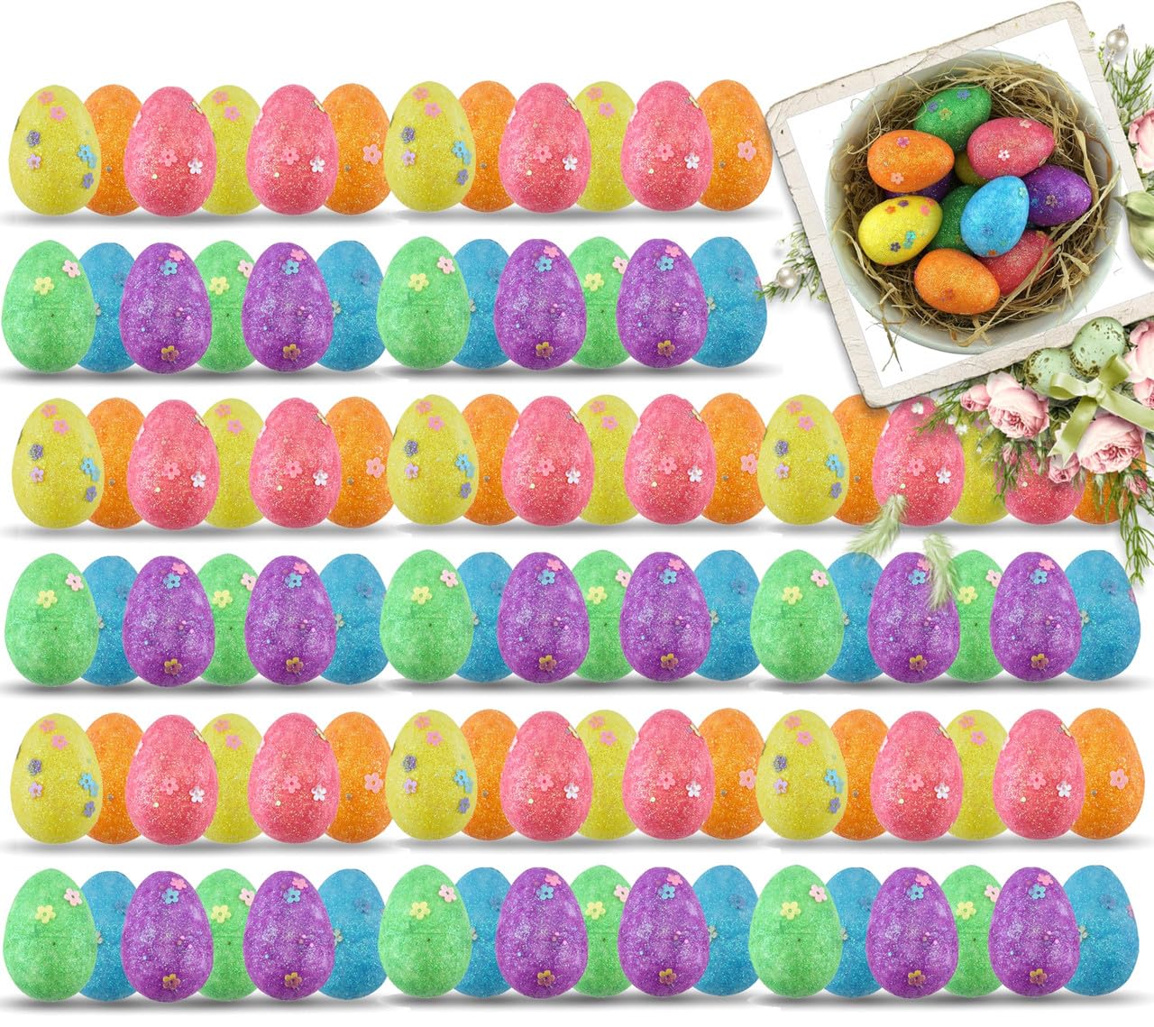 HOVUK 96PCs Glitter Eggs for Easter Decorations 4cm/1.6" - Multicolored Easter Eggs for Easter Baskets, Foam Eggs for Spring Party Decorations, Easter Arts