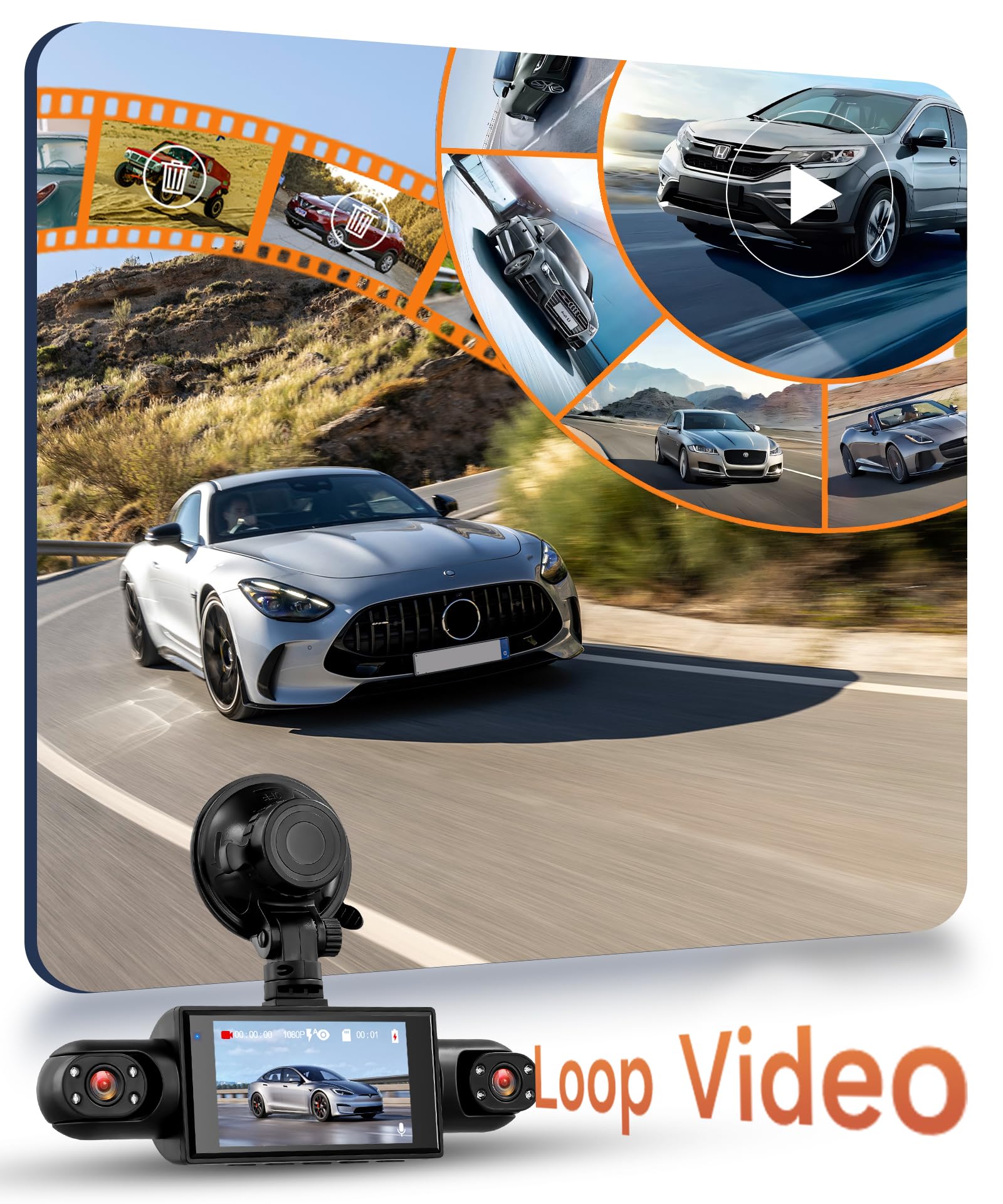 Rimoody 4 Canali Dashcam Auto 360°, 4 Telecamera HD 1080P Anteriore e Posteriore Sinistra Destra, 3 Pollici IPS Schermo Dash Cam con Visione Notturna 8 IR/Loop Video/24H Parcheggio Monitor