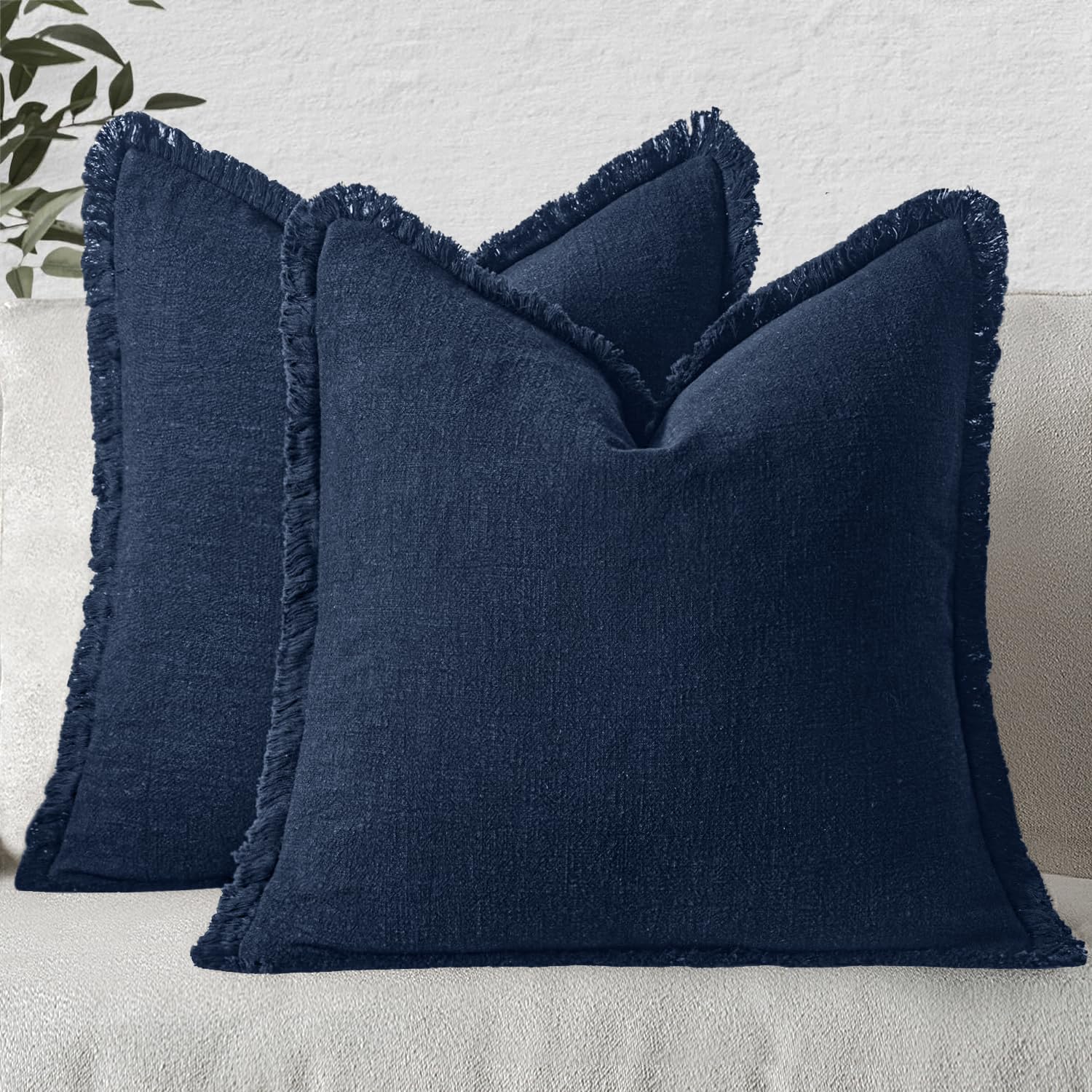 MIULEE Boho Linen Fringe Decorative Throw Pillow Covers Dark Navy 16x16