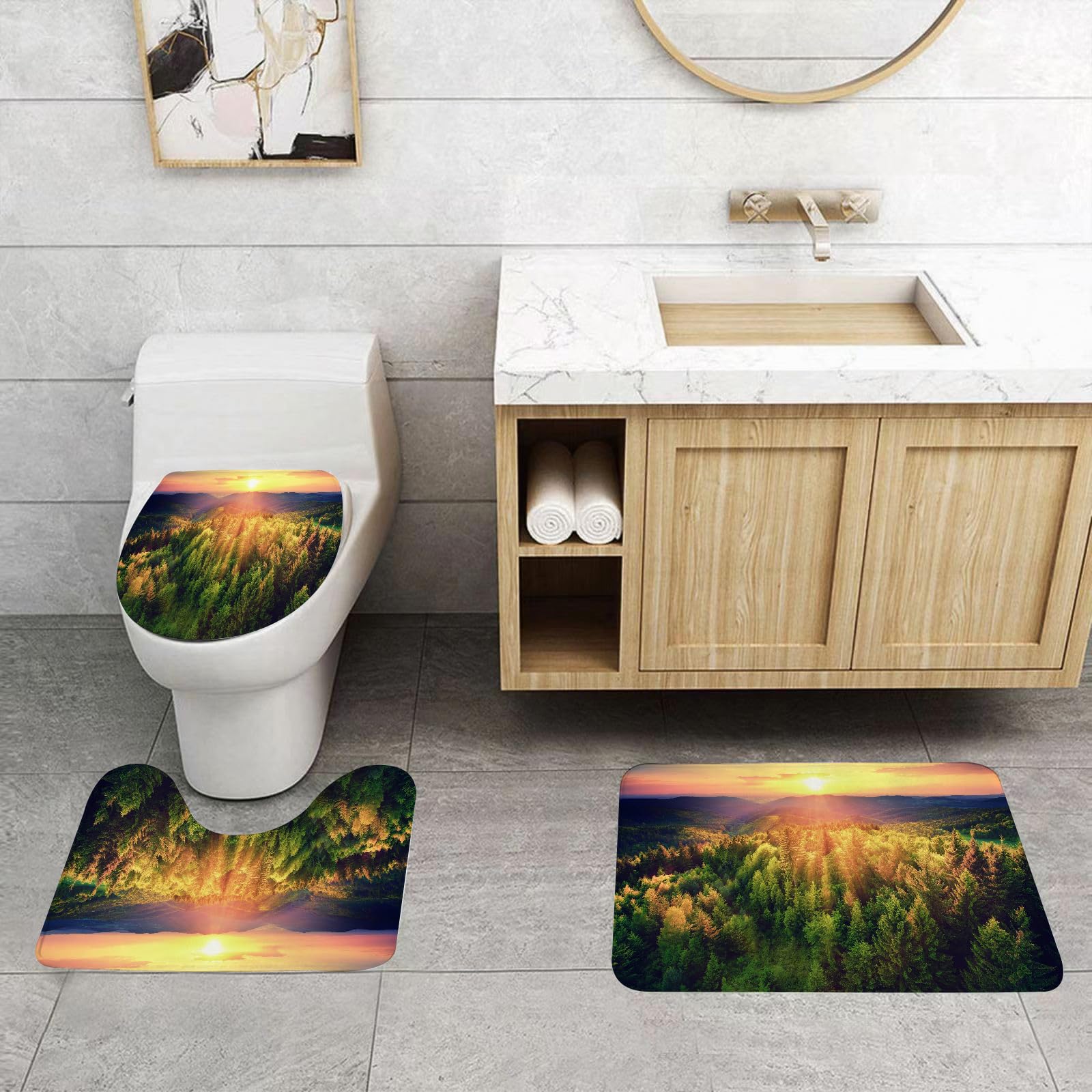 Set di 3 tappetini da Bagno, Lavabili in Lavatrice e Antiscivolo, in Morbida Fibra Superfine, con Motivo Alba e Natura.