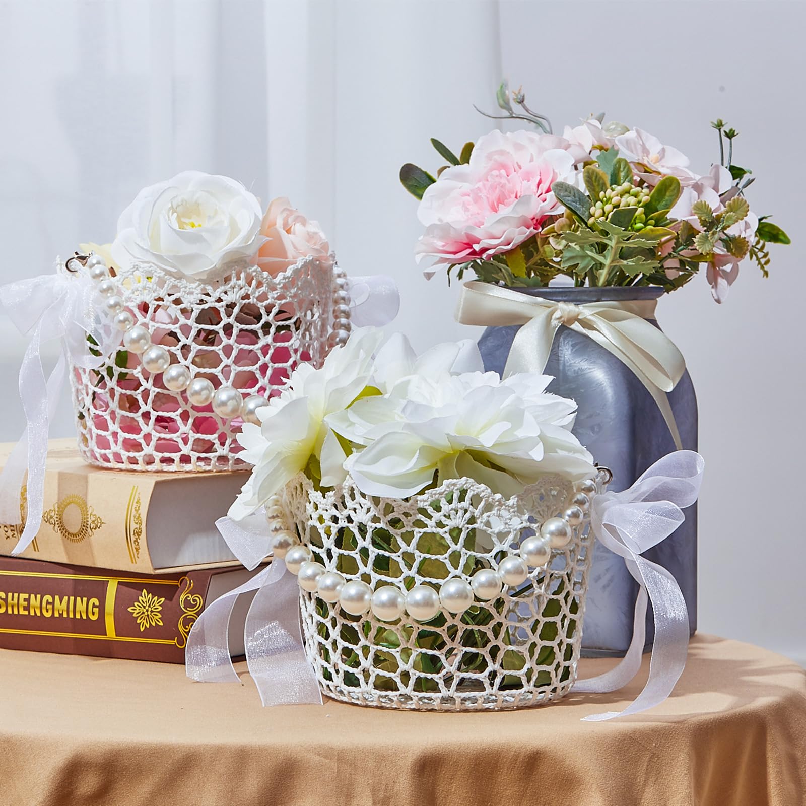 Uiifan Blumenmädchen-Korb mit Perlengriff, Hochzeitsblumenkorb, weißer Korb mit Griff für Hochzeitsmädchen-Set, 14 x 10 cm, 4 Stück