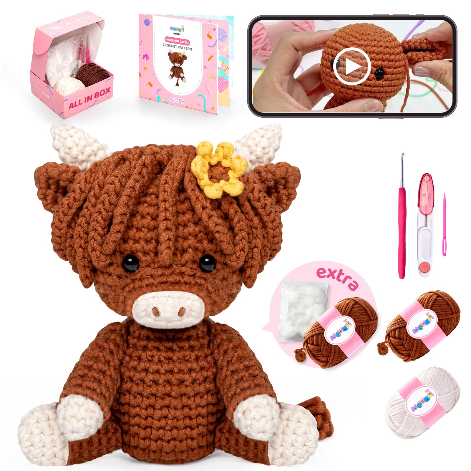 Mewaii Crochet Kit for Beginners with 40% Extra Eco-Friendly Pre-Started Easy Yarn, Step-by-Step Video Tutorials for Adults and Kids (Highland Cattle)