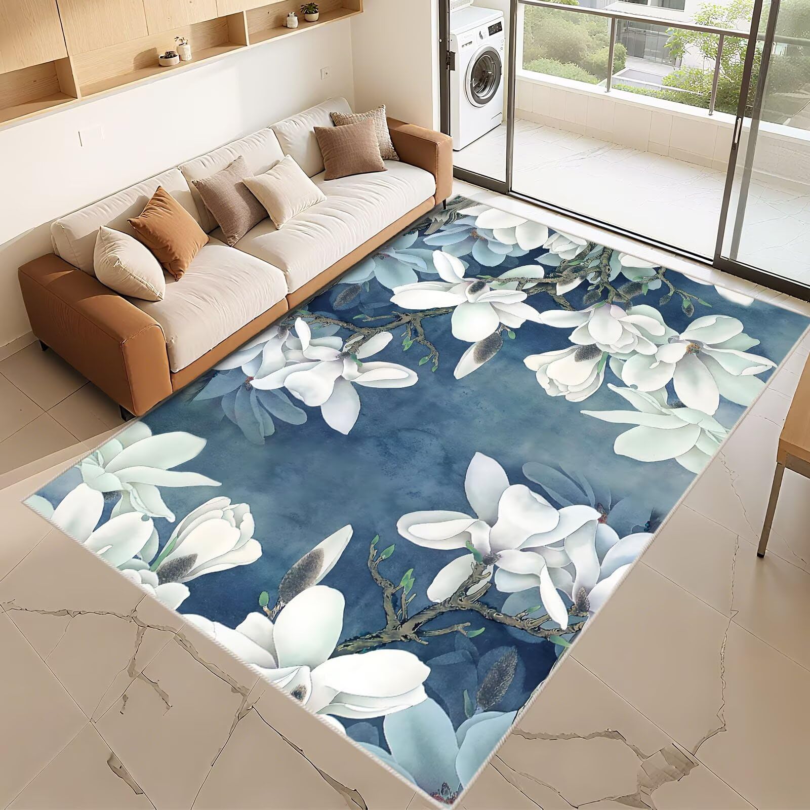 Tapis bleu vintage avec motif floral blanc personnalisé 50x80cm