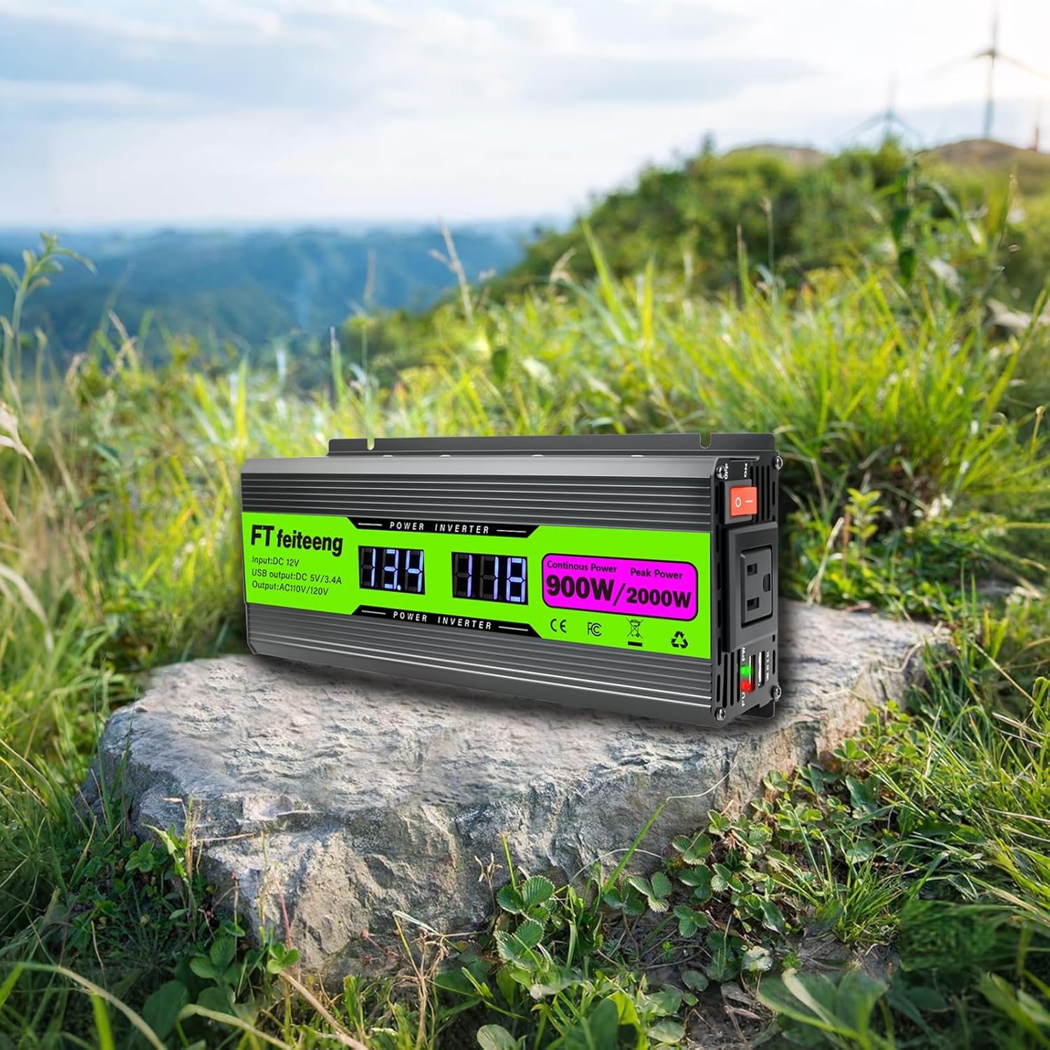 2000W(Peak) Power Inverter DC 12V to 110V/120V AC Converter with Single Cooling Fan, Aluminum Alloy Case, USB 5V 3.4A Multi-Protection 900 watt Power Inverter for Vehicles/Car/RV/Home