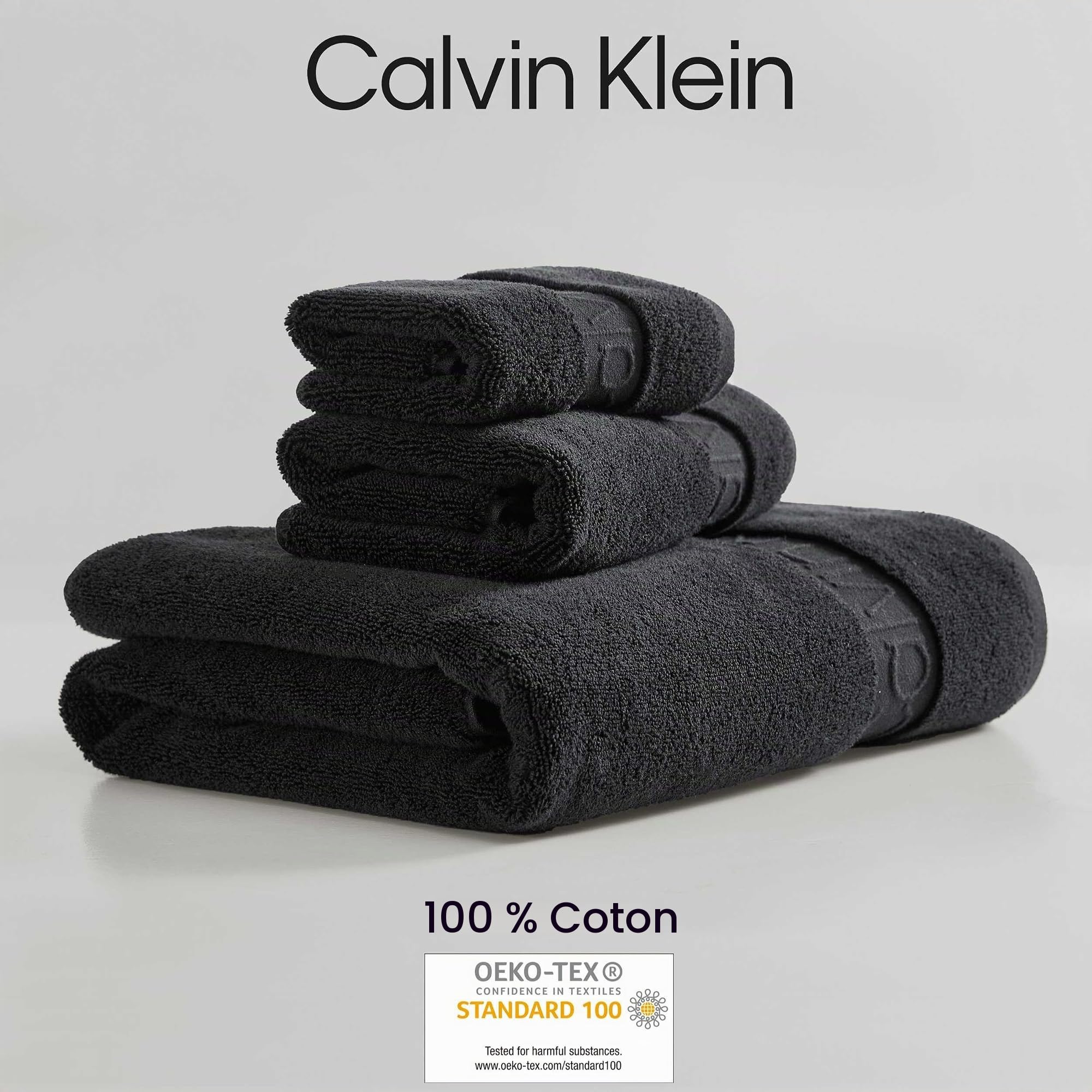 Calvin Klein - Serviettes de Bain, en Coton de qualité supérieure, Super Douces, Construction zéro Torsion, certifiées Oeko-Tex (Noir uni emblématique, 3 pièces)