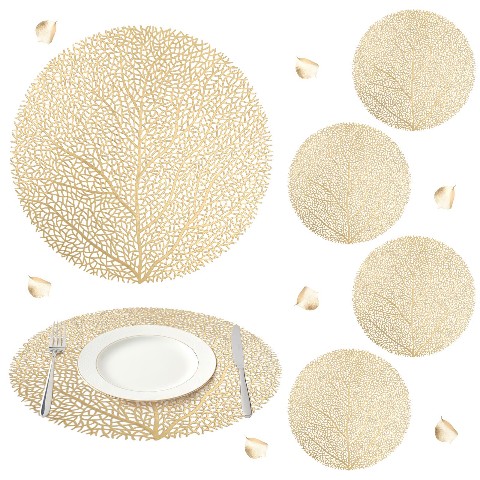 comfoyar Round Gold Metallic Pressed Hollow out Tree Placemats Set of 6