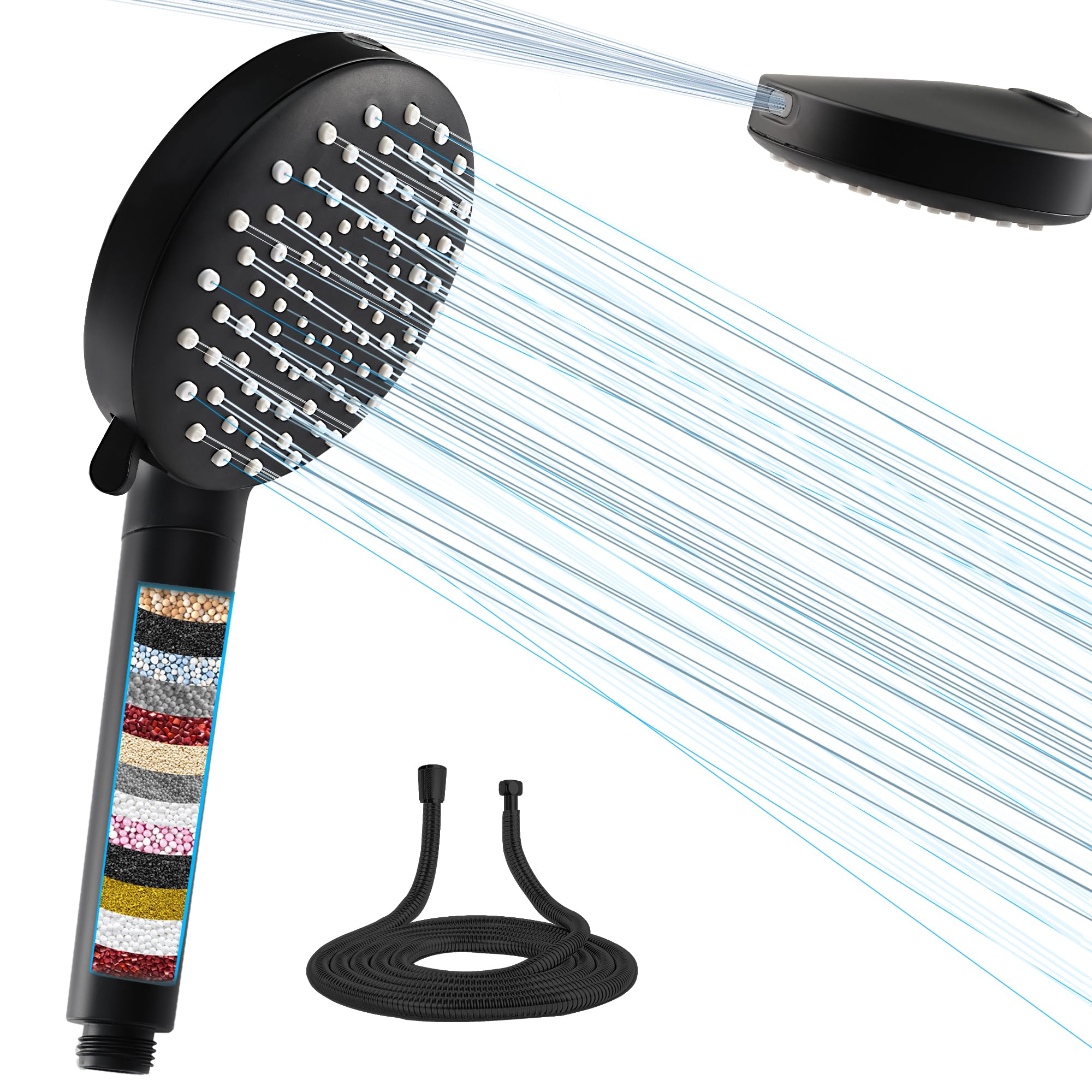 SANYCASA Shower Head with Filter 7 Jet with Hose Shower Head Water Saving Black