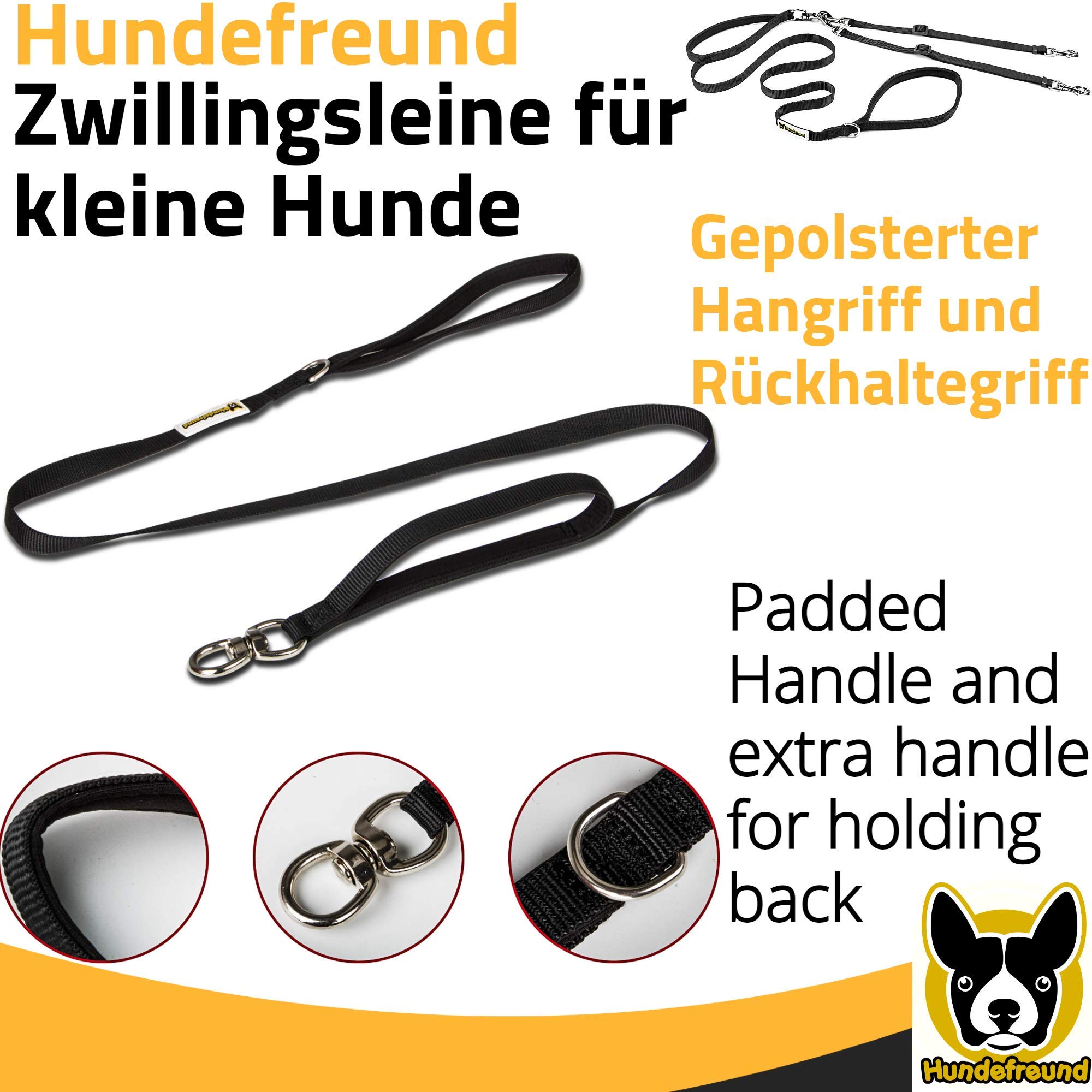 Hundefreund Zwillingsleine für Zwei Hunde bis 30 kg – Verstellbare Doppel-Hundeleine (160–180 cm) mit Drehgelenk, gepolstertem Griff & Rückhalteschlaufen