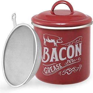 46OZ Bacon Grease Saver Container with Fine Strainer & Lid - Enamel & Stainless Steel Oil Keeper Can for Bacon Fat Dripping - Farmhouse Kitchen Gift & Decor, Cooking Accessories - Dishwasher Safe, Red
