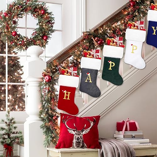 Miniatura 6 de Medias de Navidad con monograma de terciopelo rojo vino de 20 pulgadas con monograma de felpa blanca, medias bordadas personalizadas para