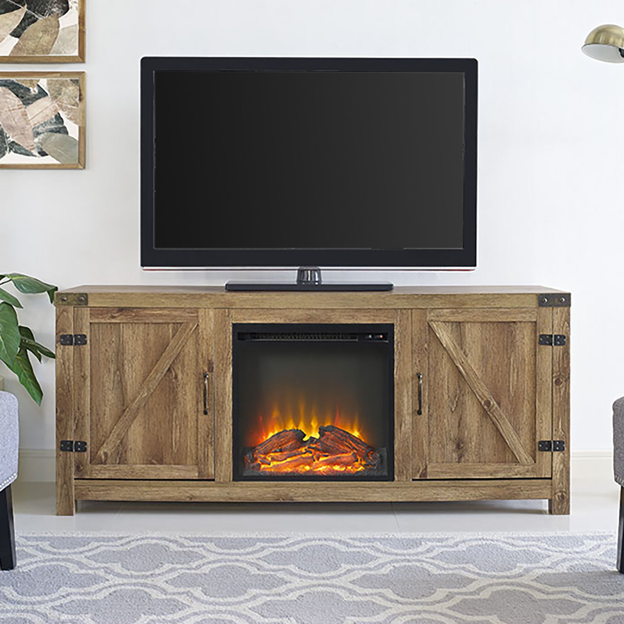Home Accent Furnishings Tucker 58 Inch Barn Door Fireplace Tv Stand in Barnwood