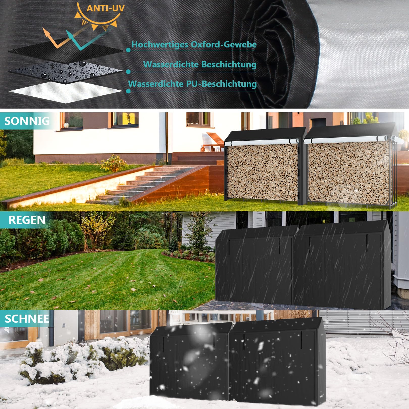 Himimi® Kaminholzregal für den Außenbereich mit Dach und integrierter Abdeckung, 185 x 70 x 185 cm, 2,4 m³/3,5 SRM - Wetterfestes Brennholzregal