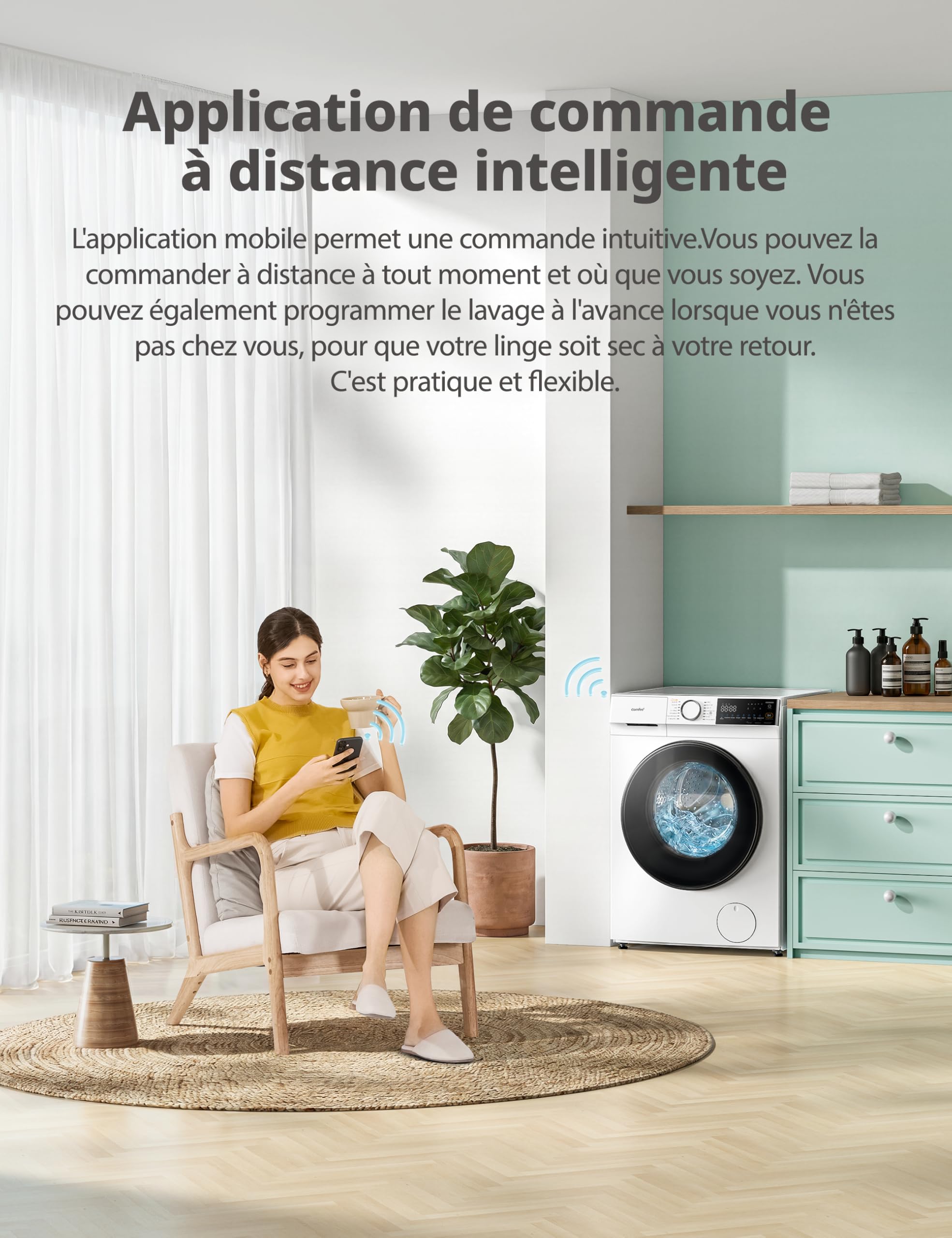COMFEE' Lave Linge 10kg Classe énergétique A-30% 14 programmes Lavage intelligent contrôlable à distance Élimination des poils d'animaux Parfum+ Blanc