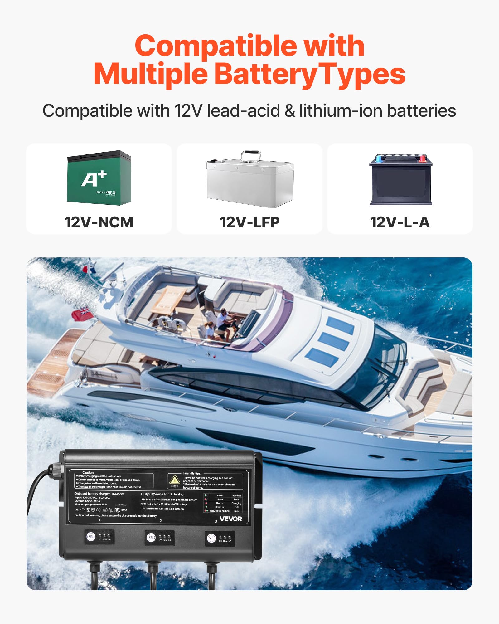 VEVOR Marine Battery Charger, 3-Bank, 5A 12V Onboard Boat Charger, IP68 Waterproof Smart On-Board Battery Charger, for Lithium-Ion (LiFePO4), NCM, Lead-Acid Batteries, Large Boat, Yacht, RV, Trailer