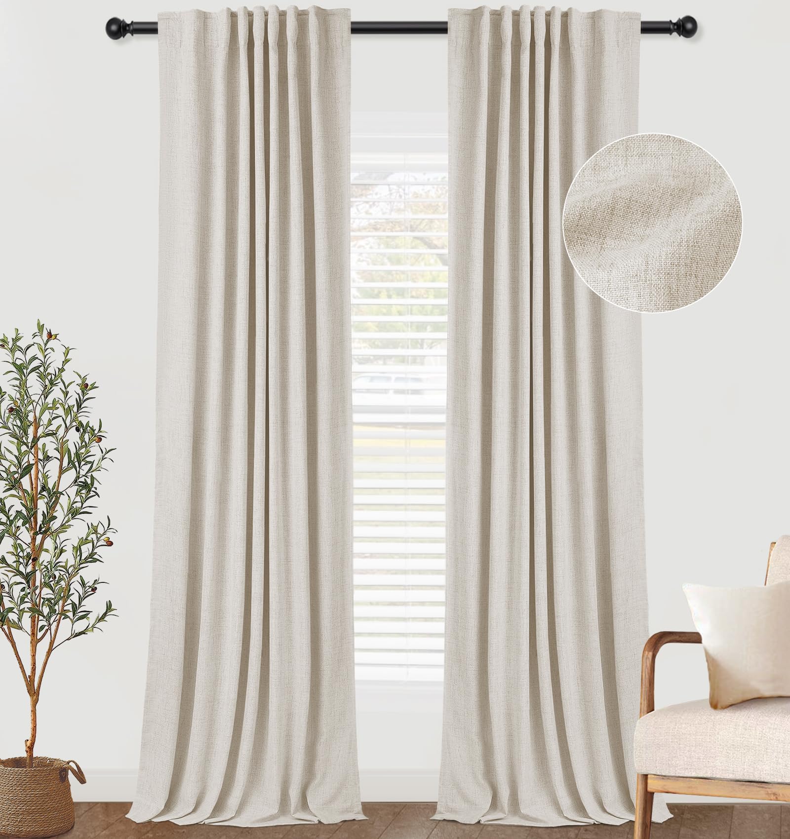 zeerobeeCream Blackout Curtains 96 inches Long 2 Panels Set, 100% Blackout Curtains for Bedroom 96 inches Long, Back Tab/Rod Pocket Thermal Insulated Curtains for Living Room - Buttercream,W50 X L96
