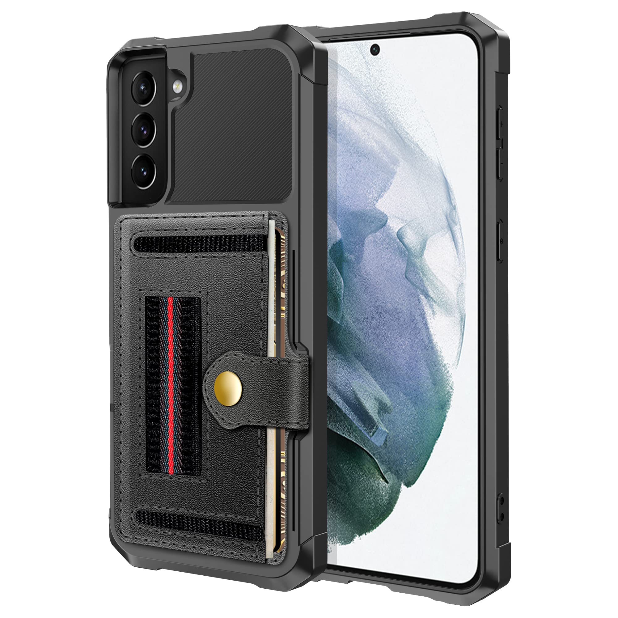 Dibosom Compatible with Samsung Galaxy S21 Plus S21+ 5G with Card Holder,Hand Strap and Credit Card Holder Heavy Duty Drop Protection Phone Cover for