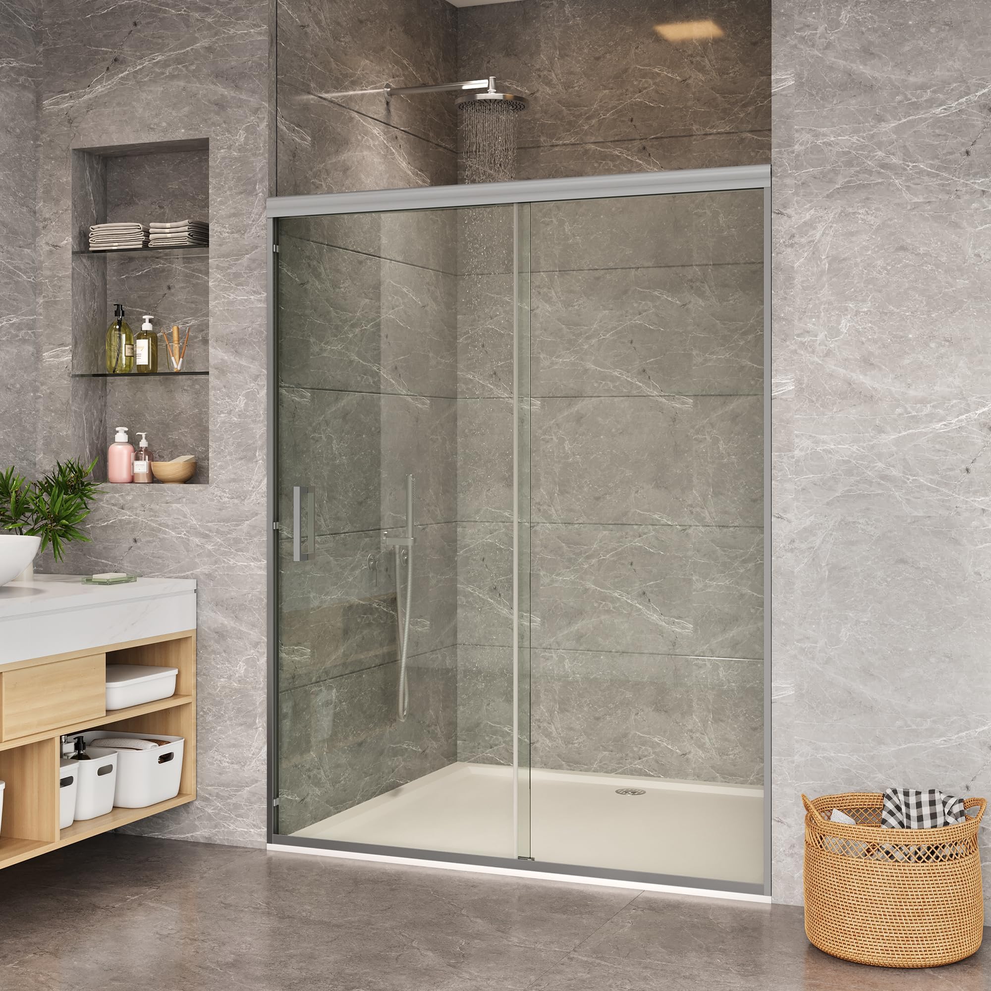 Shower Door 56-60" W x 72" H, Sliding Door, 1/4" (6mm) Clear Tempered Glass, Space-Saving Design for Modern Bathrooms