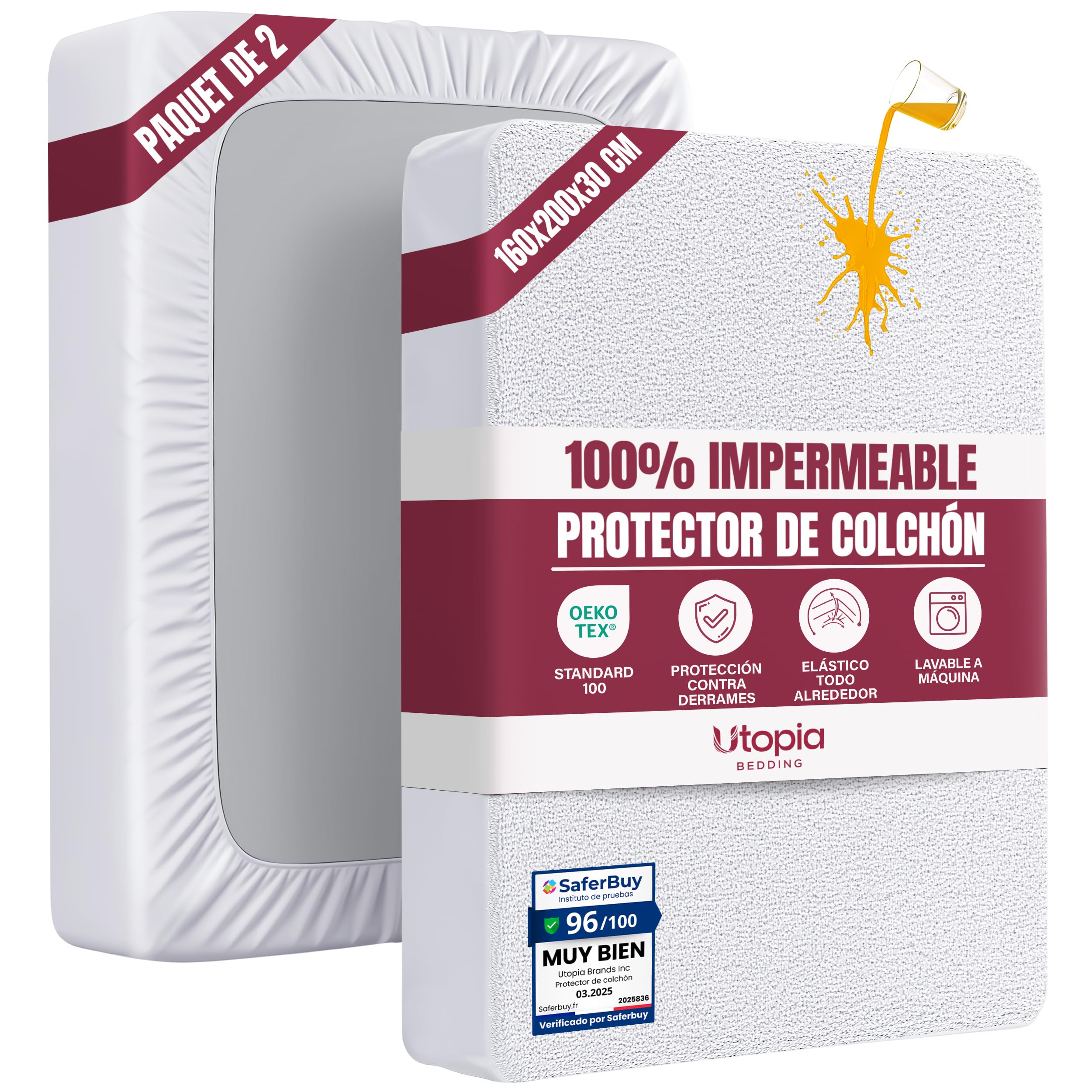 Protector de Colchón Impermeable 140x200 cm, hasta 30 cm (Paquete de 2)