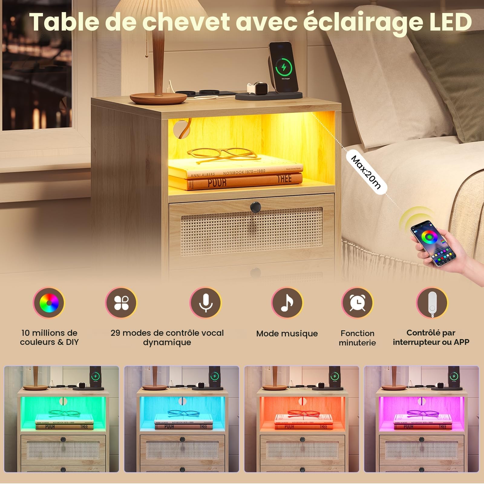 Lot de 2 Table de Chevet en Rotin avec Avec Lumières LED et Multiprise (2 Prises CA, 2 Ports USB) Tables d'appoint avec 2 Tiroirs et Compartiment,Bohème avec Pieds en Bois Massif,Tables de Nuit
