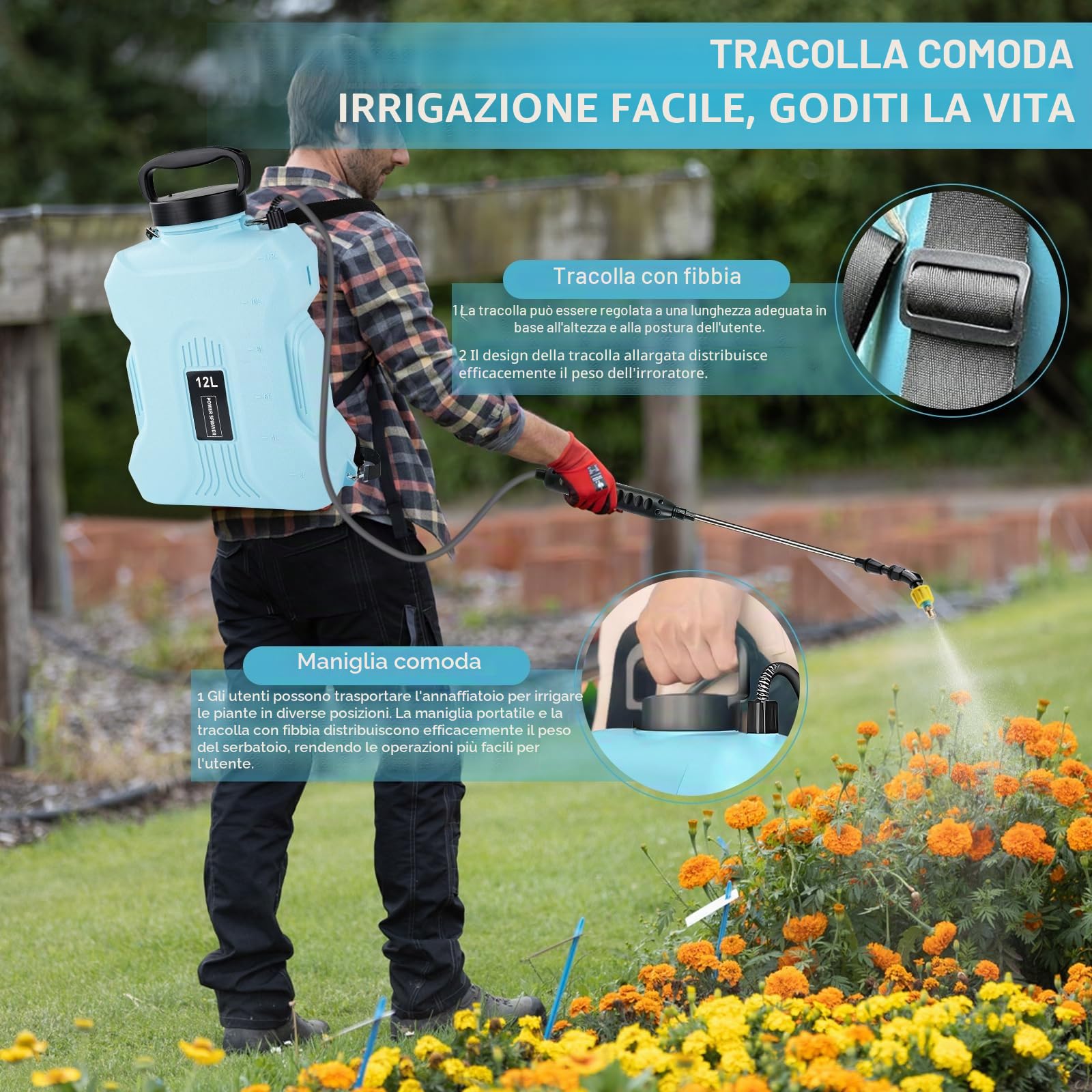 Nikou Pompa Irroratrice a Batteria 12L, Spruzzatore a Pressione Elettrico Zaino Nebulizzatore, con Lancia Telescopica, Spallacci Regolabili, 5 Ugelli, per Giardino Foresta Agricoltura