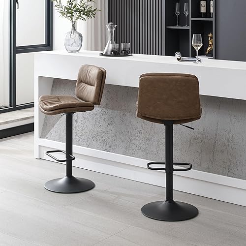 Miniatura 6 de Juego de 3 taburetes de bar giratorios tapizados de doble capa con respaldo, taburete de bar ajustable de 24 a 32 pulgadas, taburetes de bar de piel