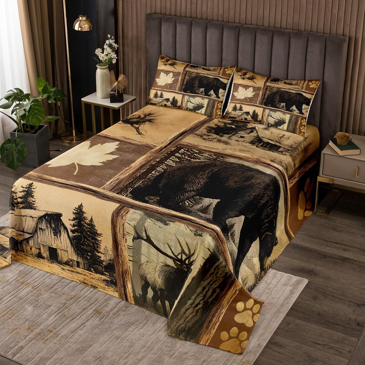 Erosebridal Rustic Deer Pattern Coverlet Set Queen Country Hunting Woodland Bedspread Boho Western Aztec Quilt Set for Kids Adults,Bohemian Geometric Bedding Quilted