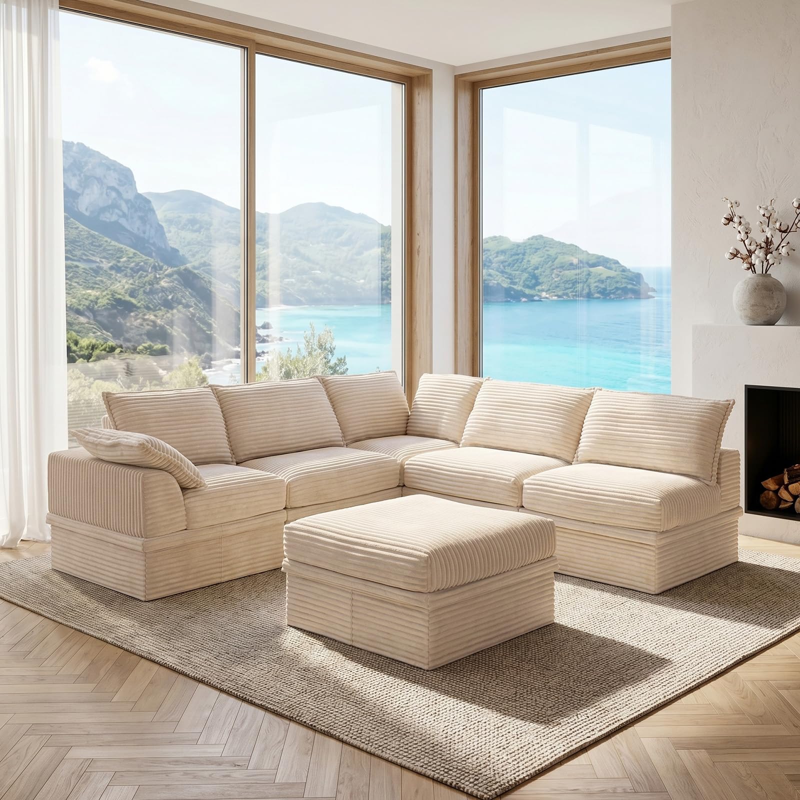 Boofa 142 Inch Oversized Modular Sectional Couch in Beige Corduroy with Storage Pillows