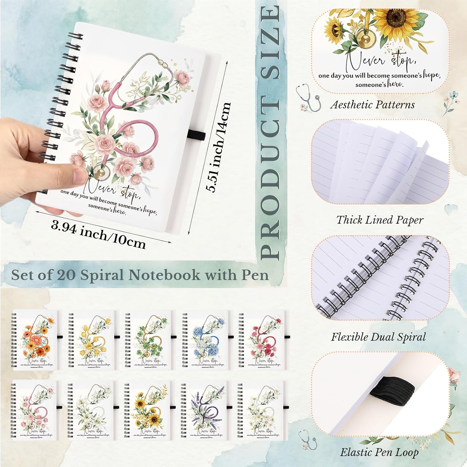 Honoson 20 Set Nurse Gifts for Women Nurse Week Appreciation Gift Thank You Gifts for Women Inspirational Stethoscope Design Spiral Notebook and Ballpoint Pen for CNA RN NP LPN Nursing Team Coworker