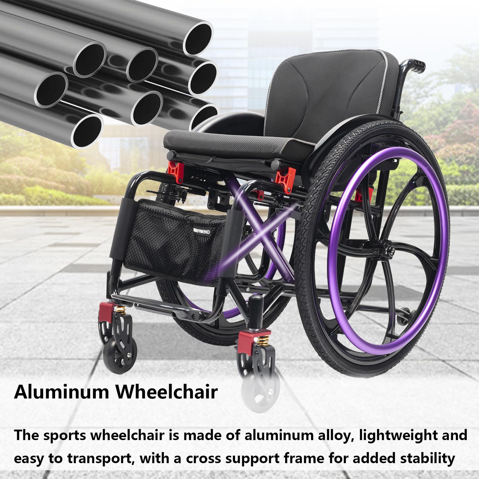 Silla de Ruedas Deportiva, Manual, Plegable, Transporte, Silla de Ruedas de Aluminio Ultraligera, Frenos manuales, Antivuelco(42cm/16.5 Seat,Purple)