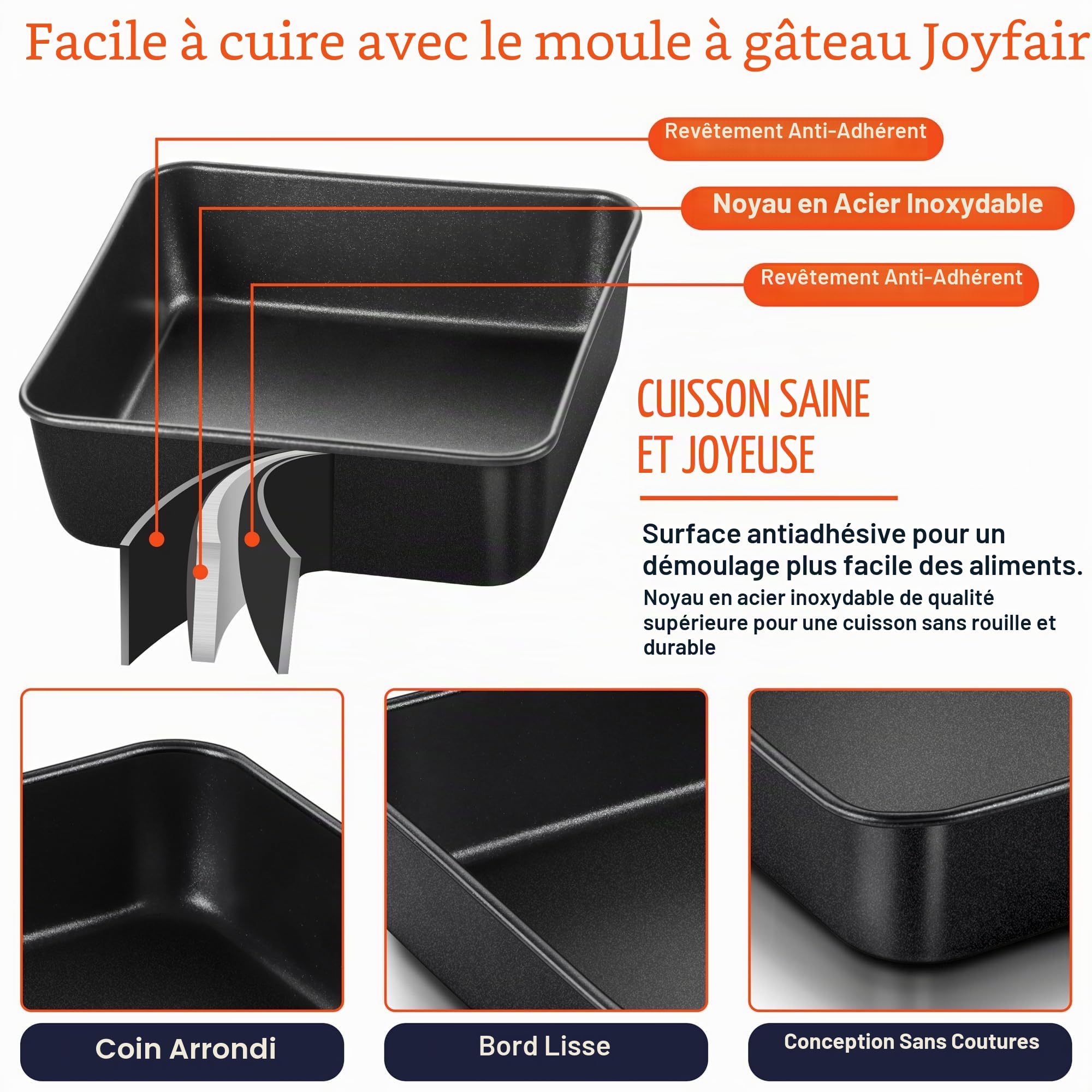 Joyfair Moule à gâteau carré de 20 cm en acier inoxydable anti-adhésif avec couvercle, idéal pour rôtir et stocker des brownies, lasagnes, fruits et restes, facile à démouler et à nettoyer, noir