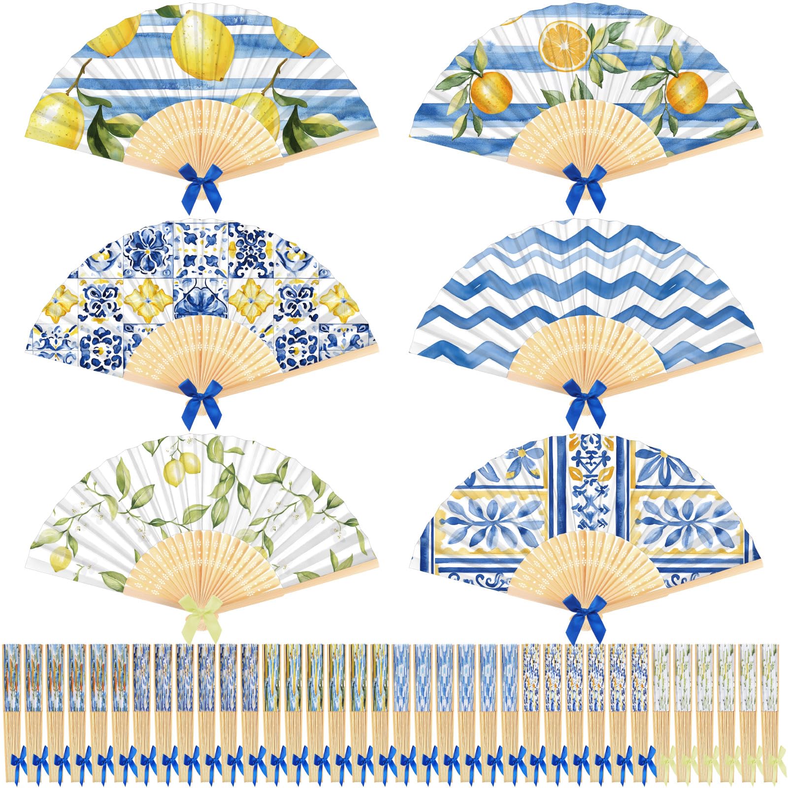Roowest Amalfi Coast Capri Positano Lemon Faltbarer Handfächer Großpackung Sommer Mediterran Partyzubehör Faltbare Zitronenmuster Handfächer für Babyparty, Hochzeit, Geburtstag, Dekorationen