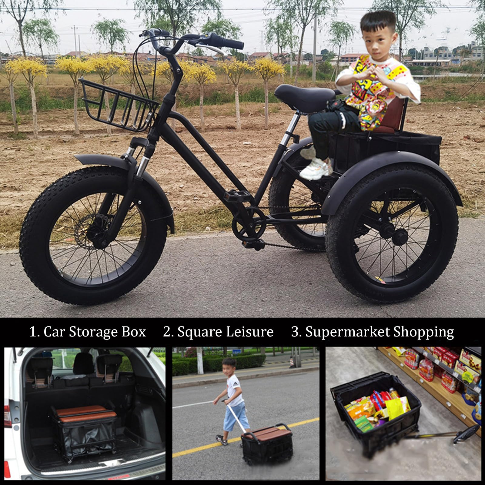 Rower trójkołowy dla dorosłych, 7 biegów, 20-calowe opony fatbike, kosz, nośność 204 kg, 3-kołowy rower na zakupy, piknik i wiele innych.