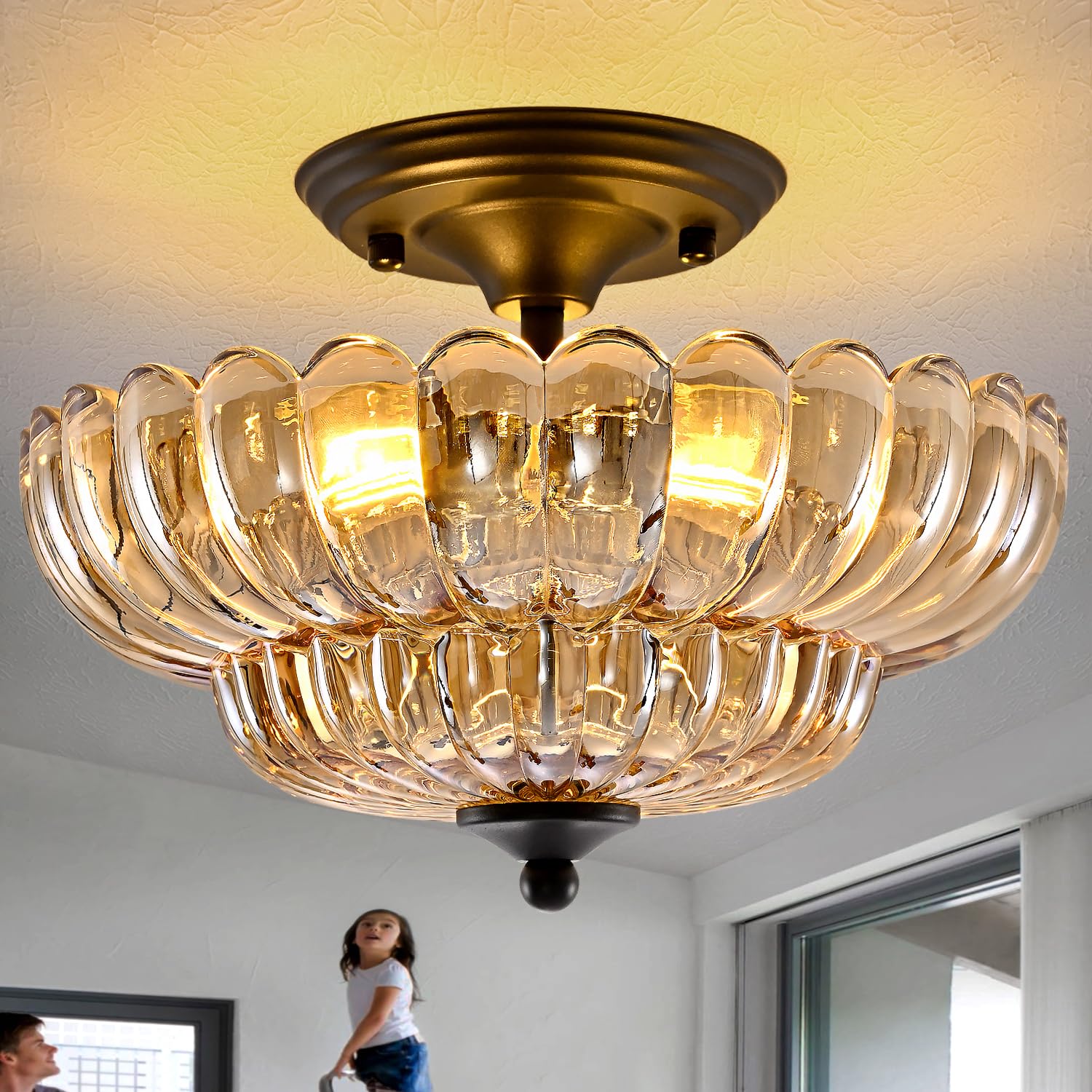 ChenSolara Modern Black Ceiling Light Fixture, Amber Glass Flush Mount Chandeliers, Semi Flush Mount Ceiling Light Fixture Suitable for Living Room Hallway Kitchen Bedroom — image 1