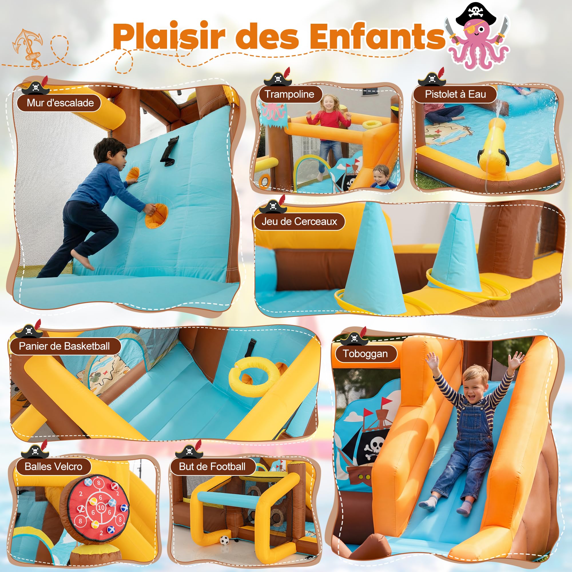 UEV 8 en 1 Château Gonflable pour Enfants XXL, avec Souffleur 450W, Parc Aquatique avec Zone de Saut, Toboggan, Jeu de Cerceaux, Balles Velcro, 394 x 326 x 243 cm