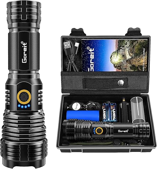 Goreit Flashlights LED High Lumens Rechargeable, 2000 Lumens XHP70.2 Super Bright Flashlight, Flash Light Battery Powered, Powerful Handheld Flashlight with Holster for Emergency Camping Hiking Gift