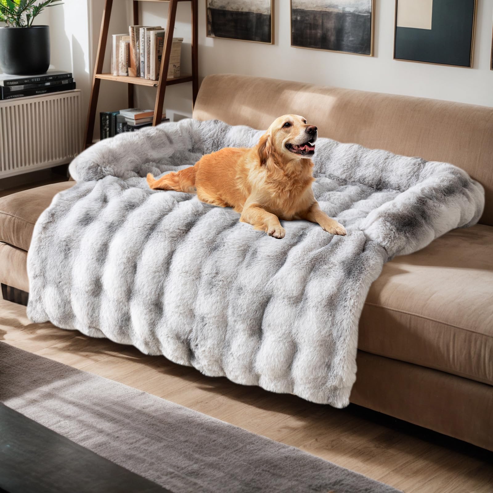 LiveGo Fuzzy Calming Dog Sofa Bed Mat, Washable Plush Couch Cover for Pets, Furniture Protector with Anti-Slip Bottom (Light Gray, 35.4