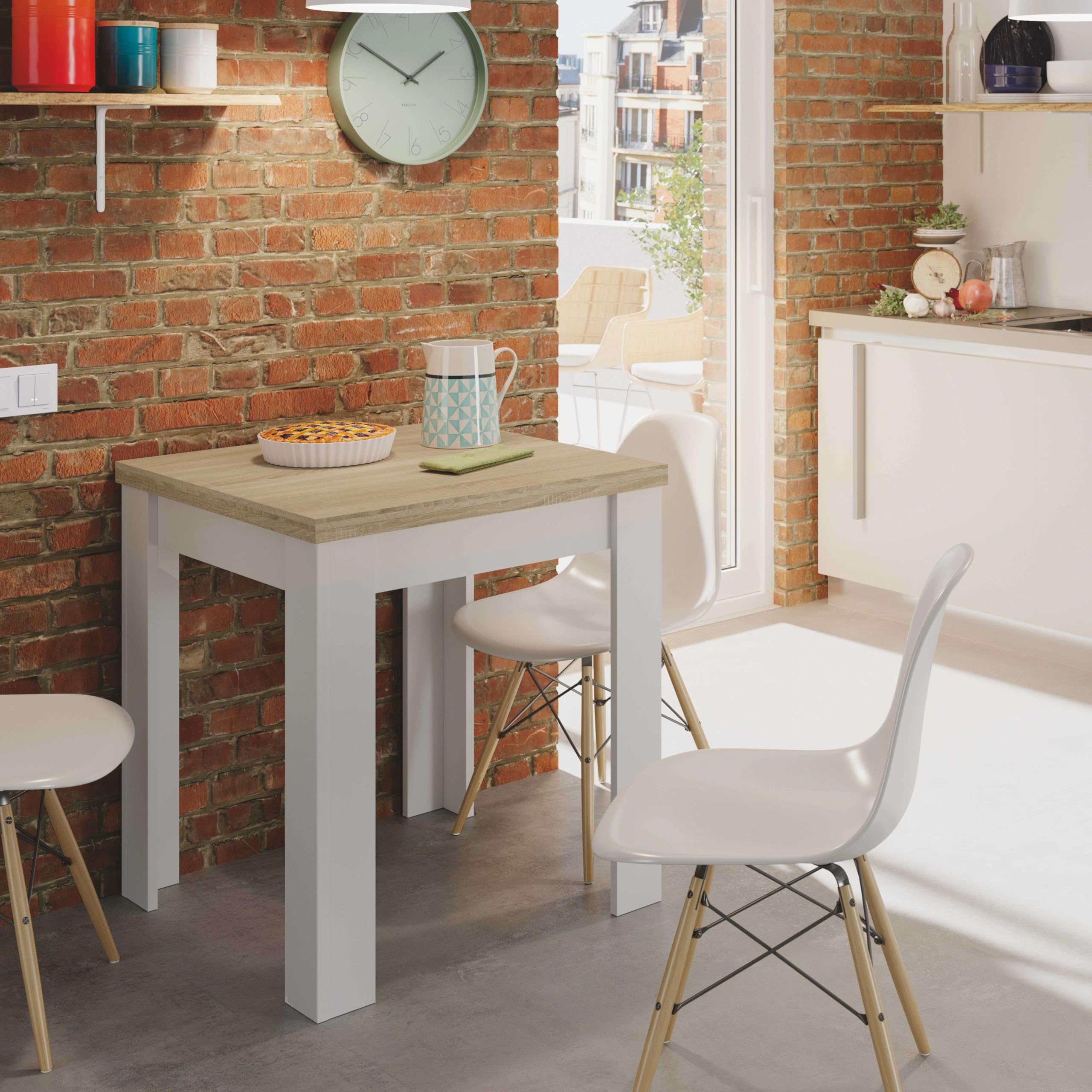 Habitdesign – Mesa Auxiliar Extensible para Cocina, Color Blanco Artik y Roble Canadian, 67–134x67x79 cm – Modelo Livre