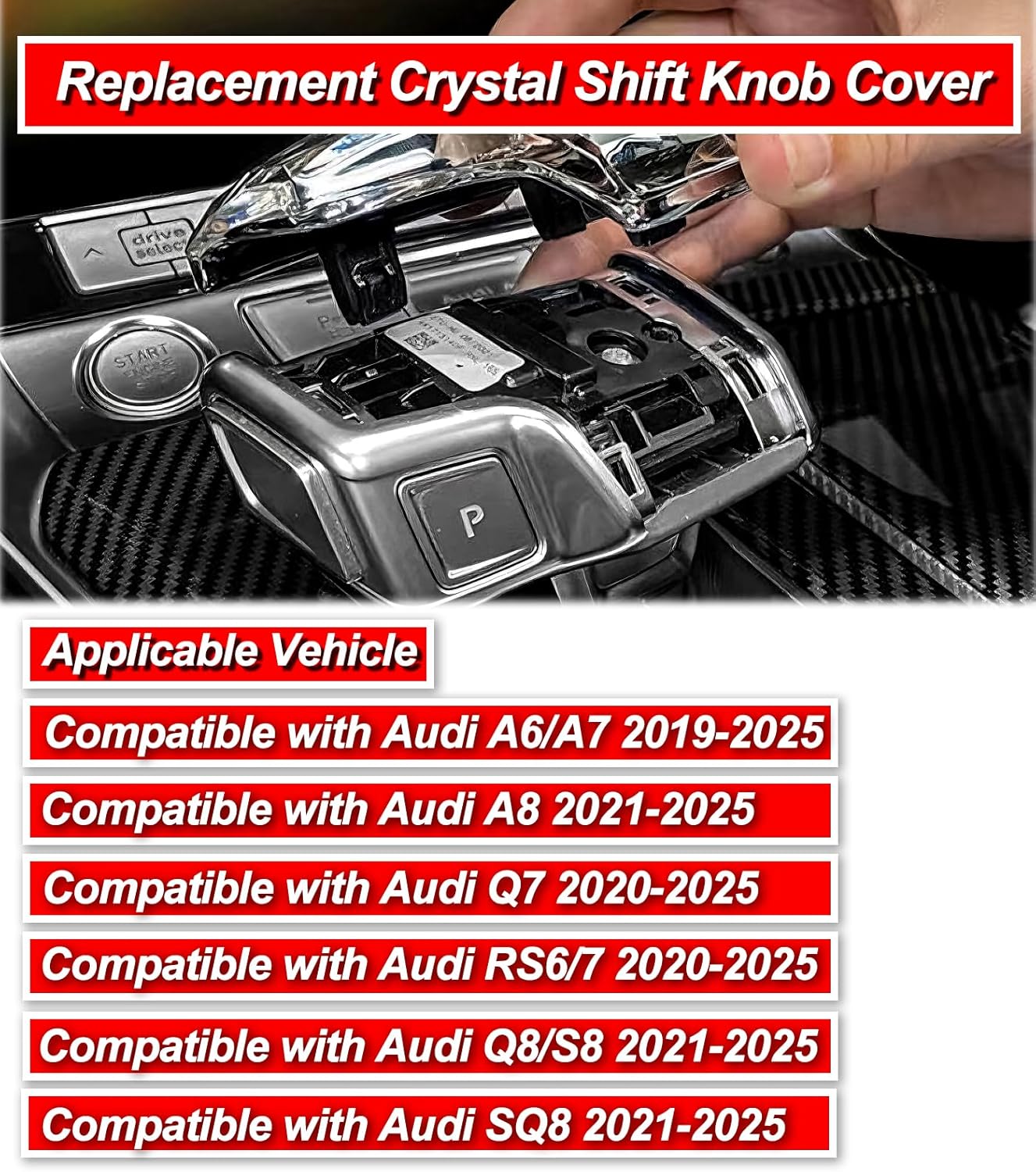 Egreat Crystal Shift Knob Cover Compatible with Audi A6/A7/A8/SQ8/RS6/RS7/S8 Models, Manual Lever Gear Knob Replacement Interior Accesseries Luxury Atmosphere