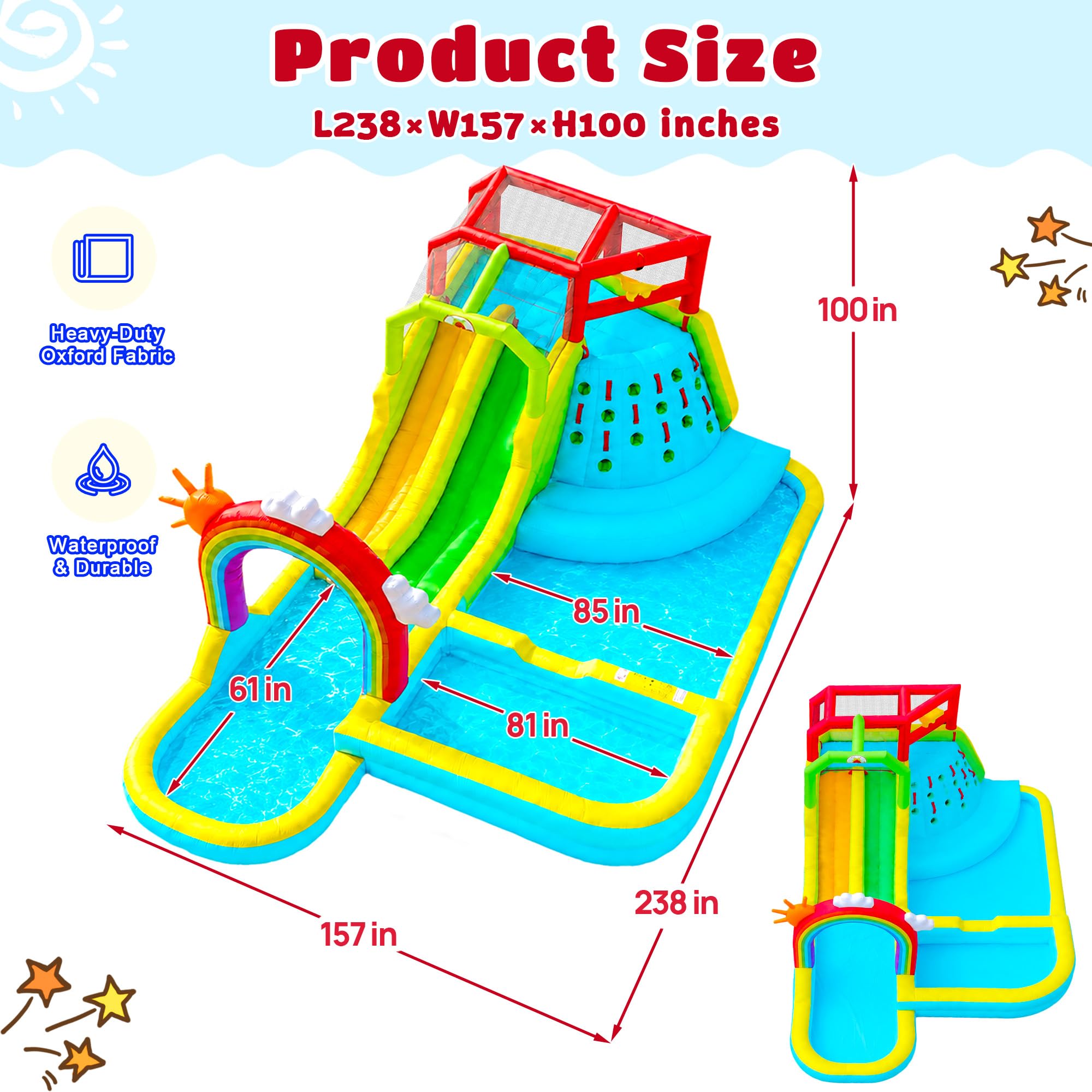 WELLFUNTIME - Parque inflable de doble toboganes con soplador, castillo hinchable con cortina de agua arcoíris, con tiro y escalada en roca
