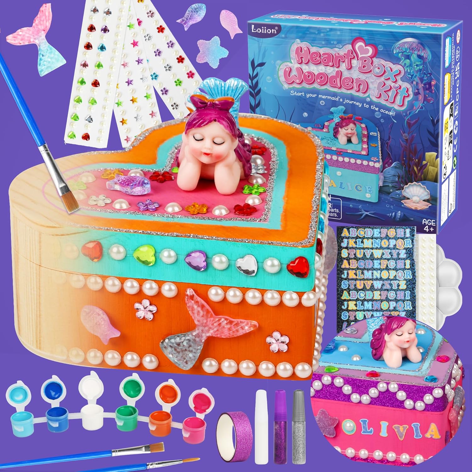 Loiion Paint Your Own Wooden Jewelry Box, Mermaid Gifts for Girls Heart