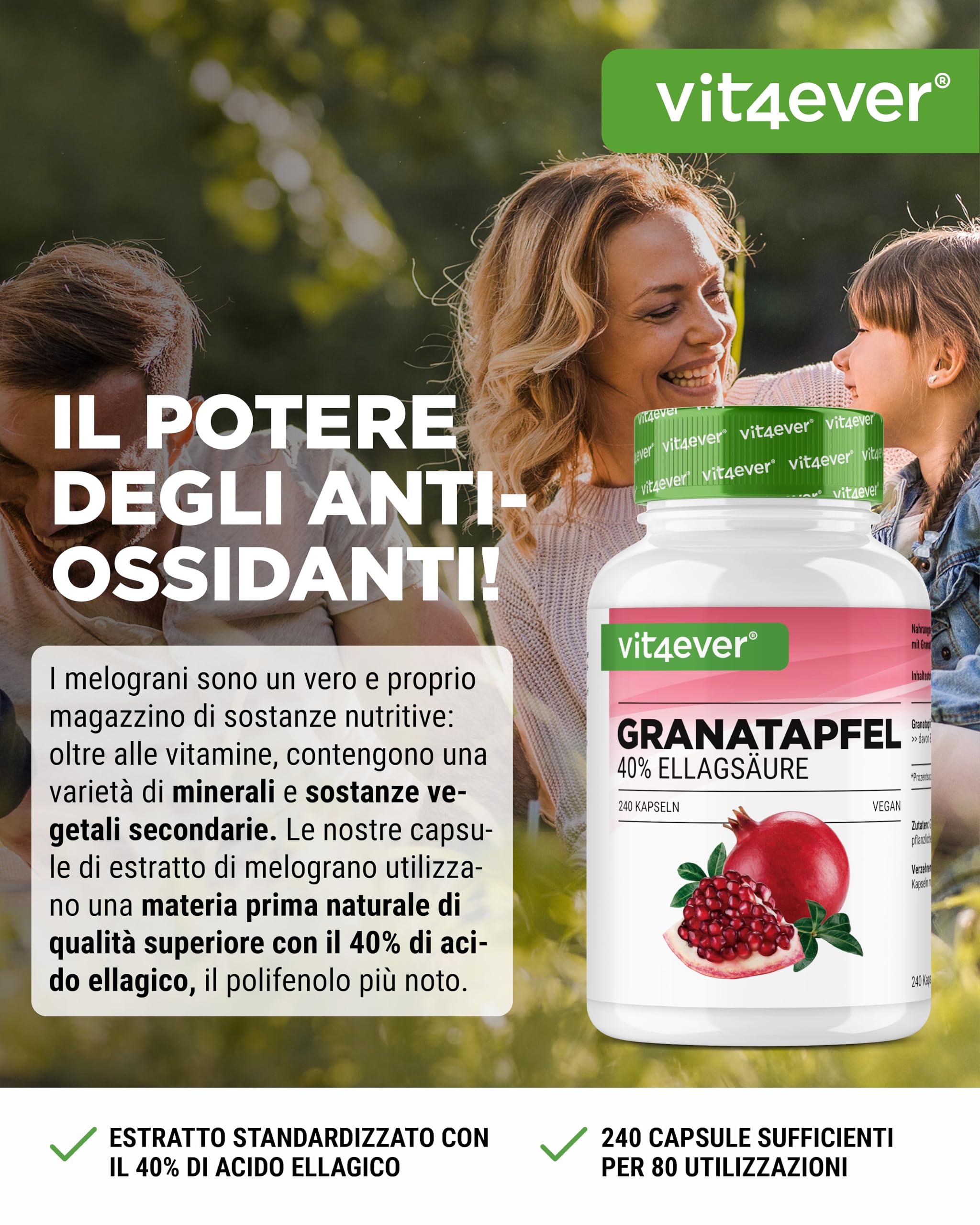 Estratto di melograno - 240 capsule vegane - Estratto naturale di qualità superiore con il 40% di acido ellagico - Dose elevata - Vegan
