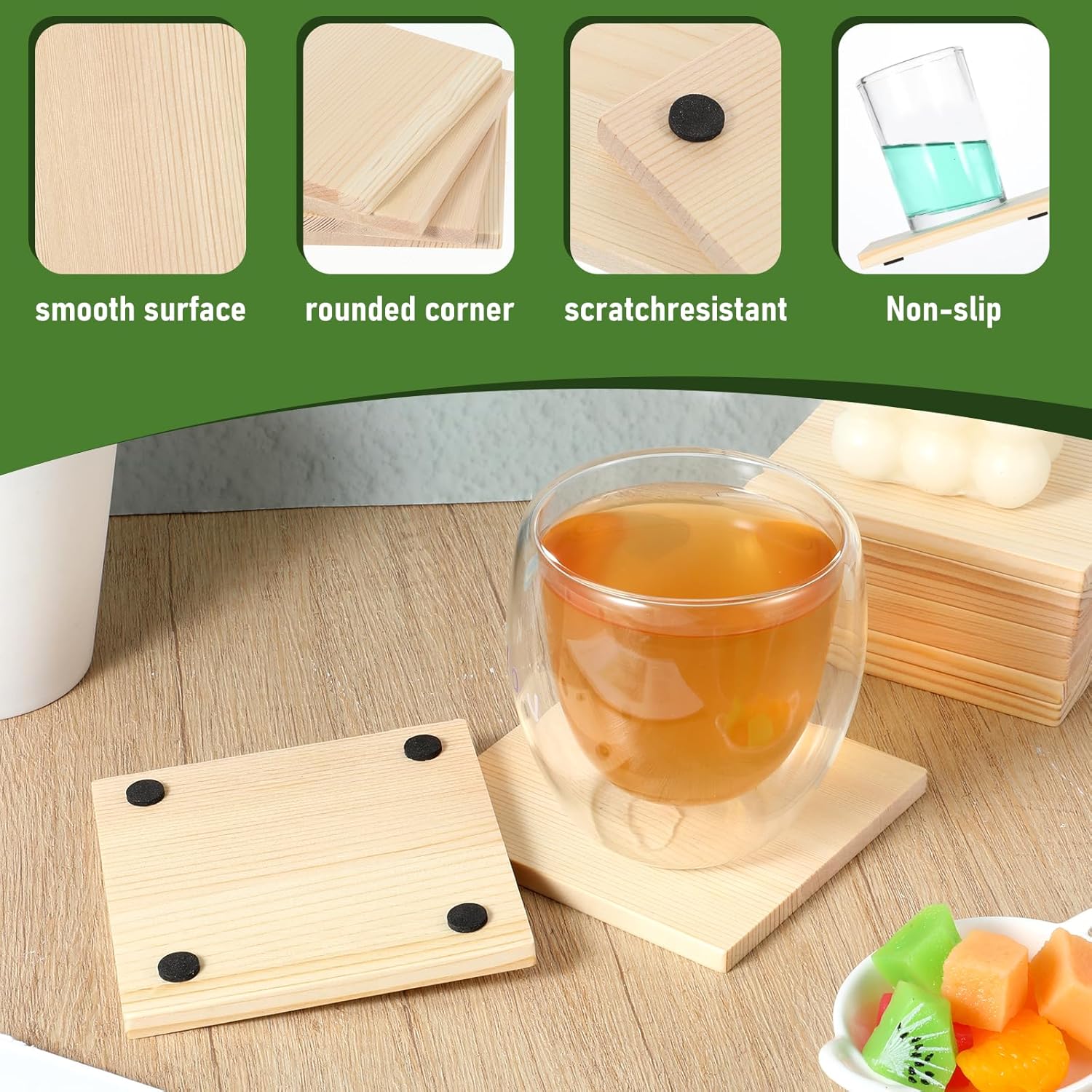 SHENLIU 60 PCS Unfinished Square Wood Coasters, 4 Inch Blank Wooden Craft Coasters with 240 Non-Slip Foam Pad Stickers for DIY Stained Painting Wood Engraving Home Decoration