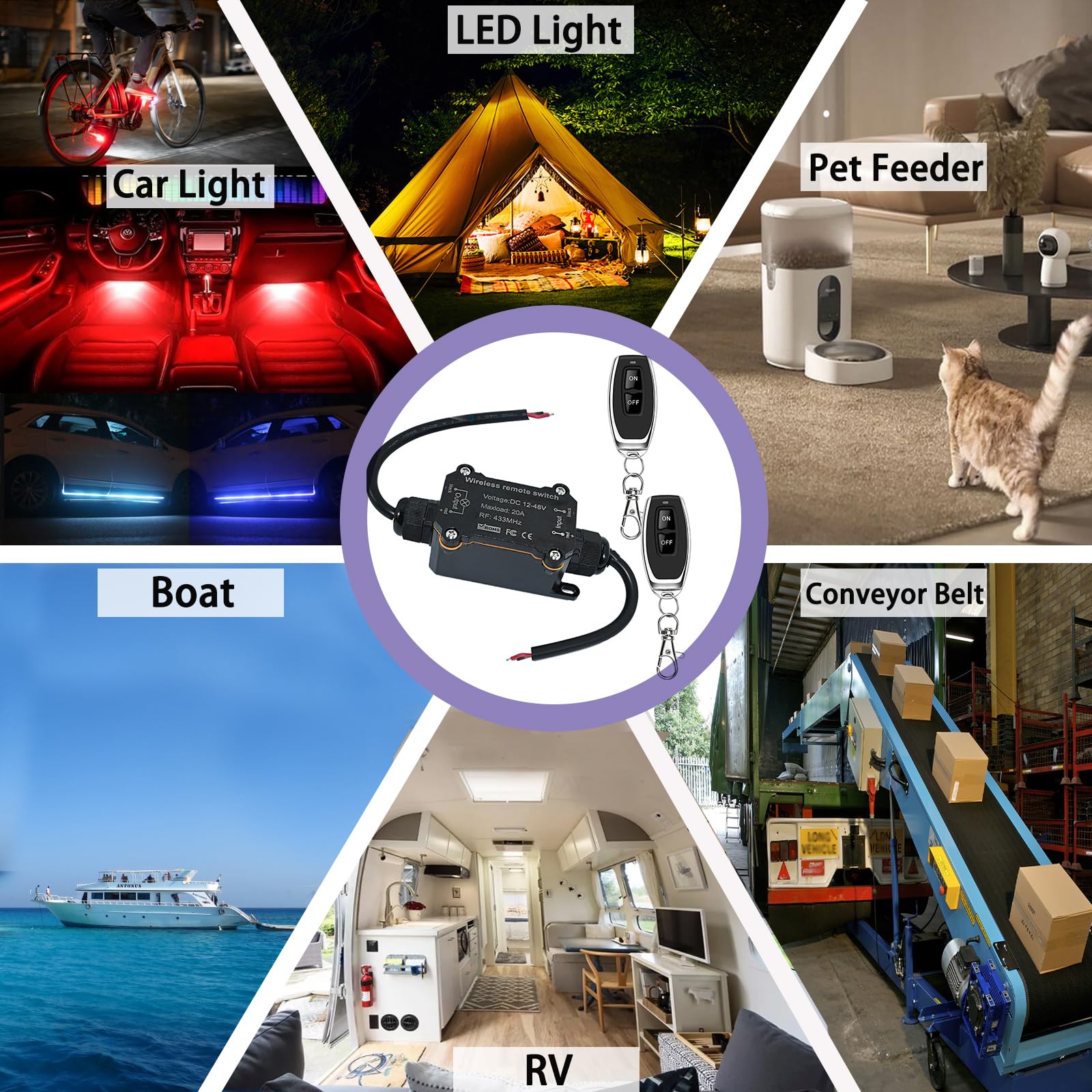 Interruttore remoto impermeabile da 12 V, DC12 V/24 V/48 V 20 A, interruttore radio con lunghezza di 50 m, per ambienti umidi, esterni, luce, pompa