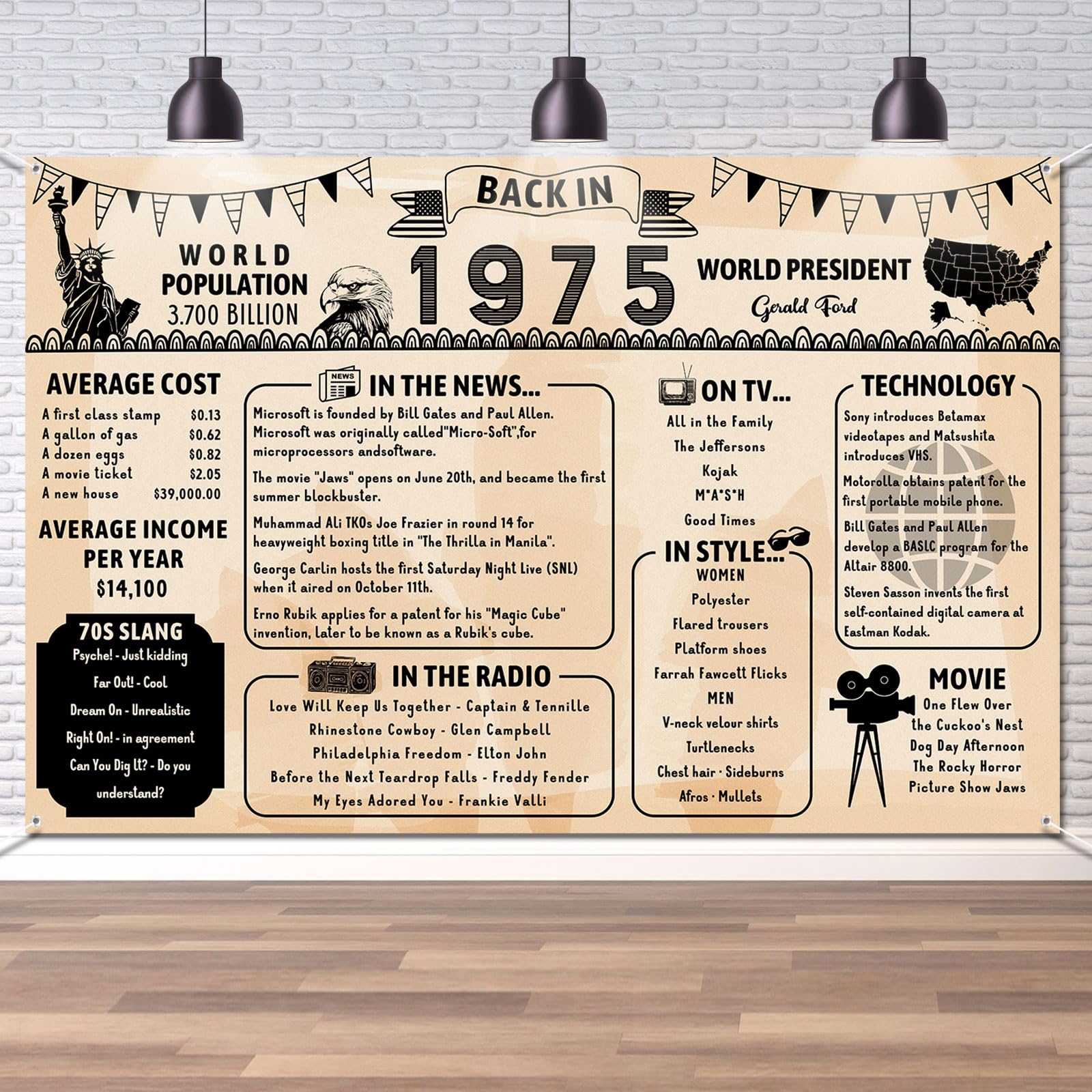 Back in 1975 Backdrop Large Wall Banner, Retro Style Happy 51st Birthday Wedding Anniversary 51st Years Class Reunion Poster Background for Men Women