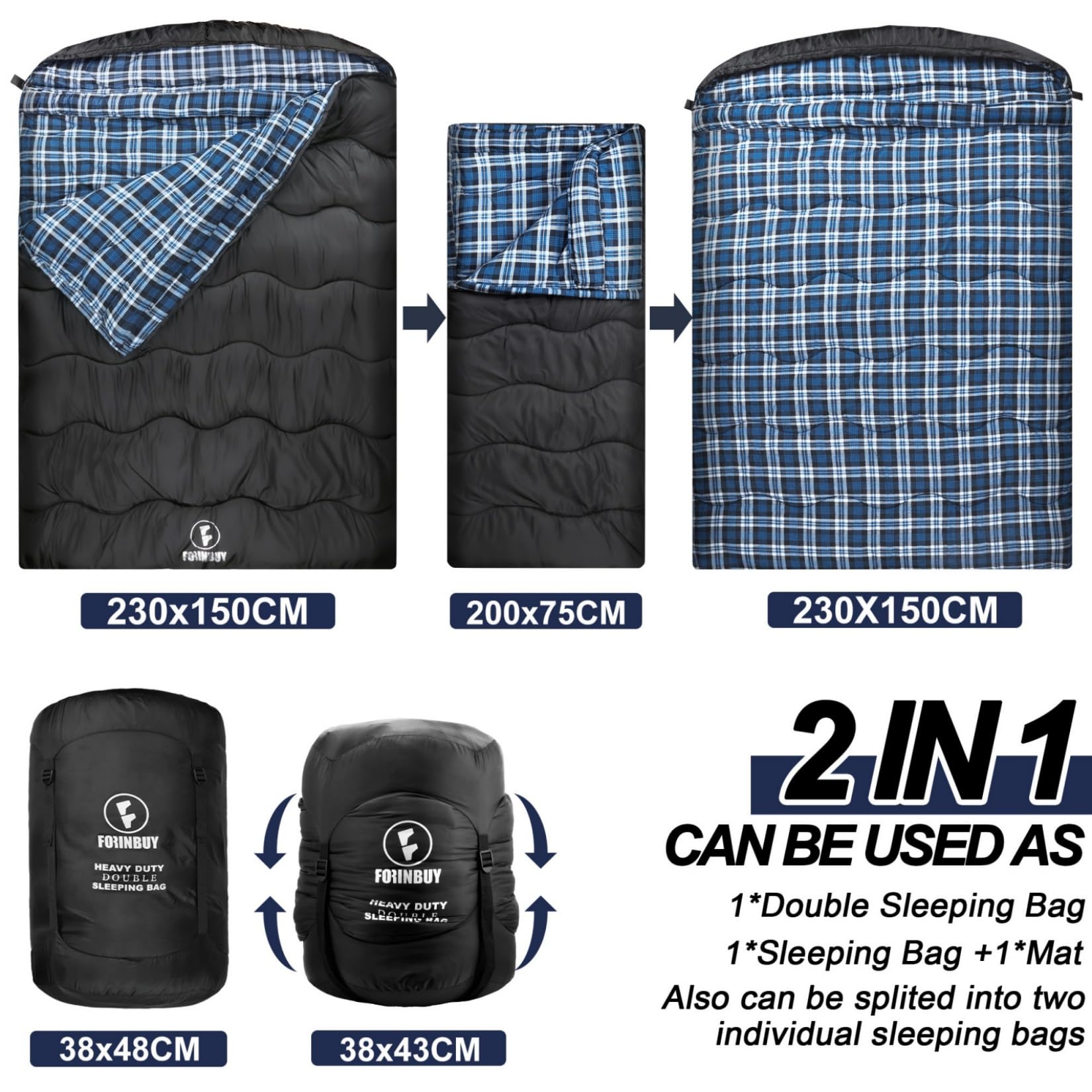 Doppelschlafsack 2 Personen 230x150cm – Flanell-Deckenschlafsack | Weiches Flanell-Futter, wasserdichtes Außenmaterial, ideal für Camping, Wohnmobil &Festival, geräumig für 2, warm & kuschelig